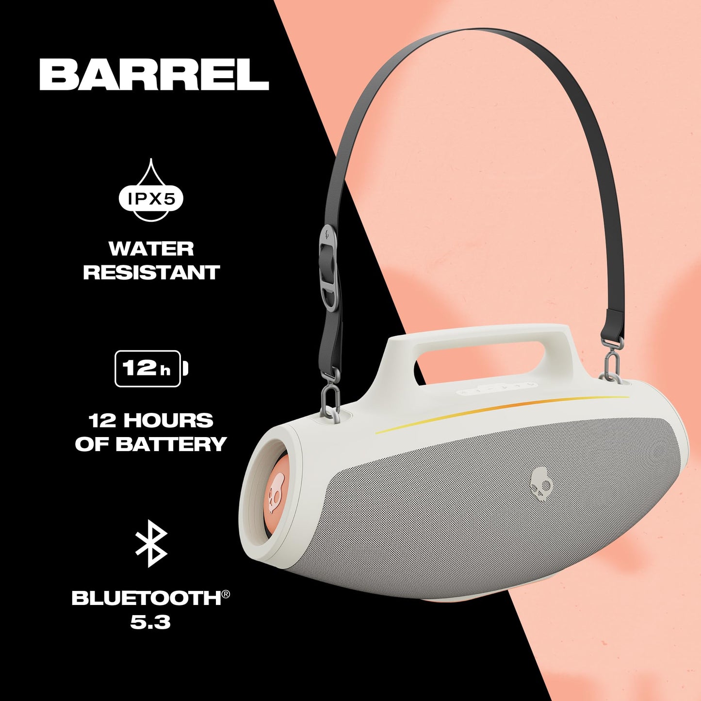 Skullcandy Barrel Bluetooth Boombox Speaker - Water-Resistant Wireless Portable Speaker, with LED Lightshow Mode, 12 Hour Battery, Multi-Link, & USB-C