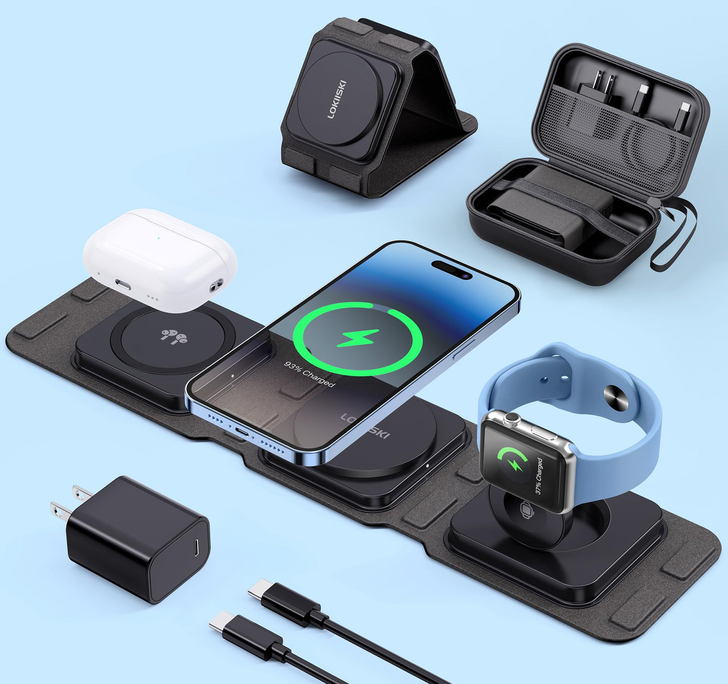 3 in 1 Fast Wireless Charger w/ 20W PD Adapter, Foldable Magnetic Charging Station for Apple Devices, Travel Charging Pad for MagSafe iPhone