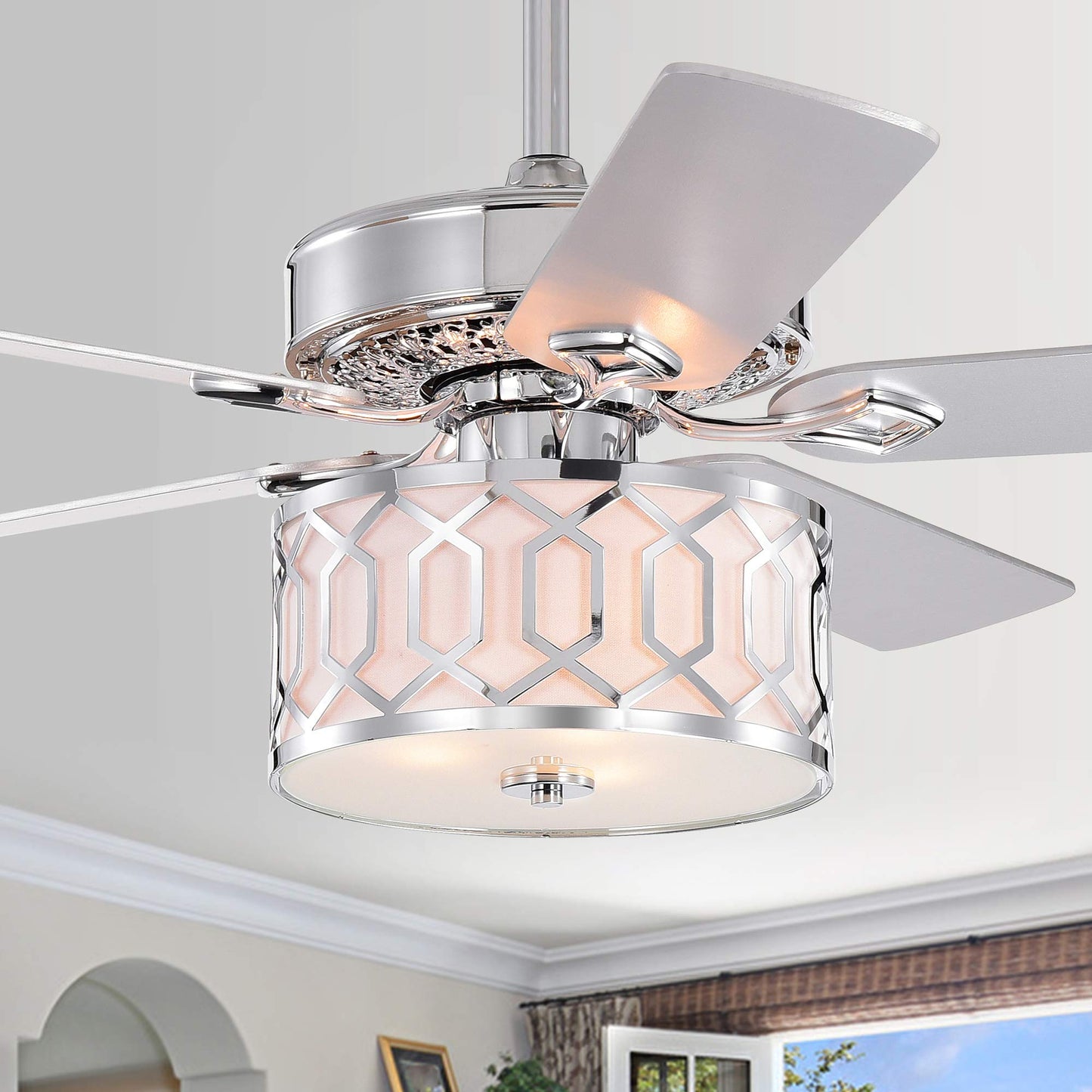 Warehouse of Tiffany Muzanne Chrome 52-Inch 5-Blade Geometric Pattern Metal/Plastic Lighted Ceiling Fan