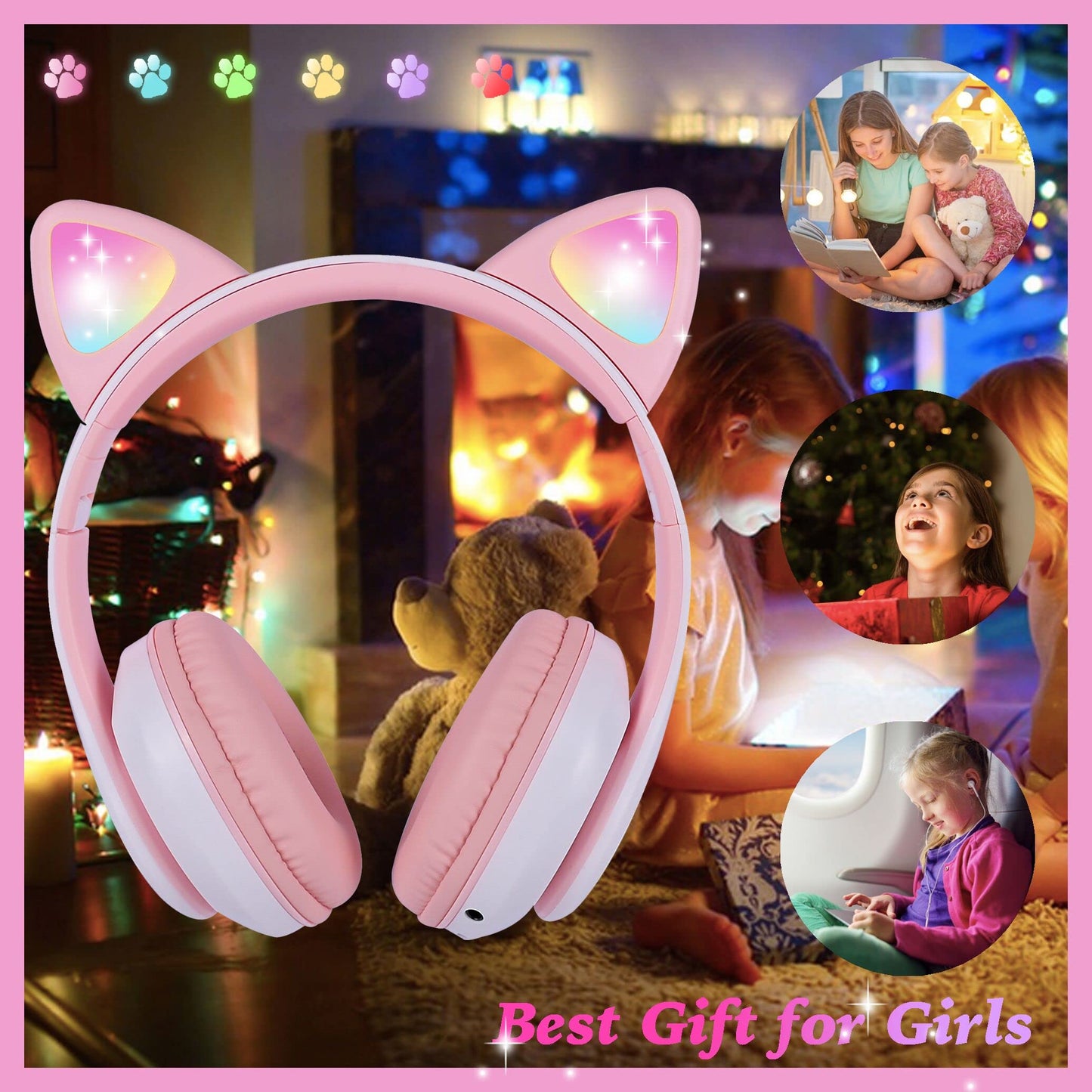 kuyaon Wireless Headphones for Kids, Cat Ear LED Light Up Bluetooth Kids Headphones with Microphone for School/Travel/Sports/Gaming/Gifts/Christmas