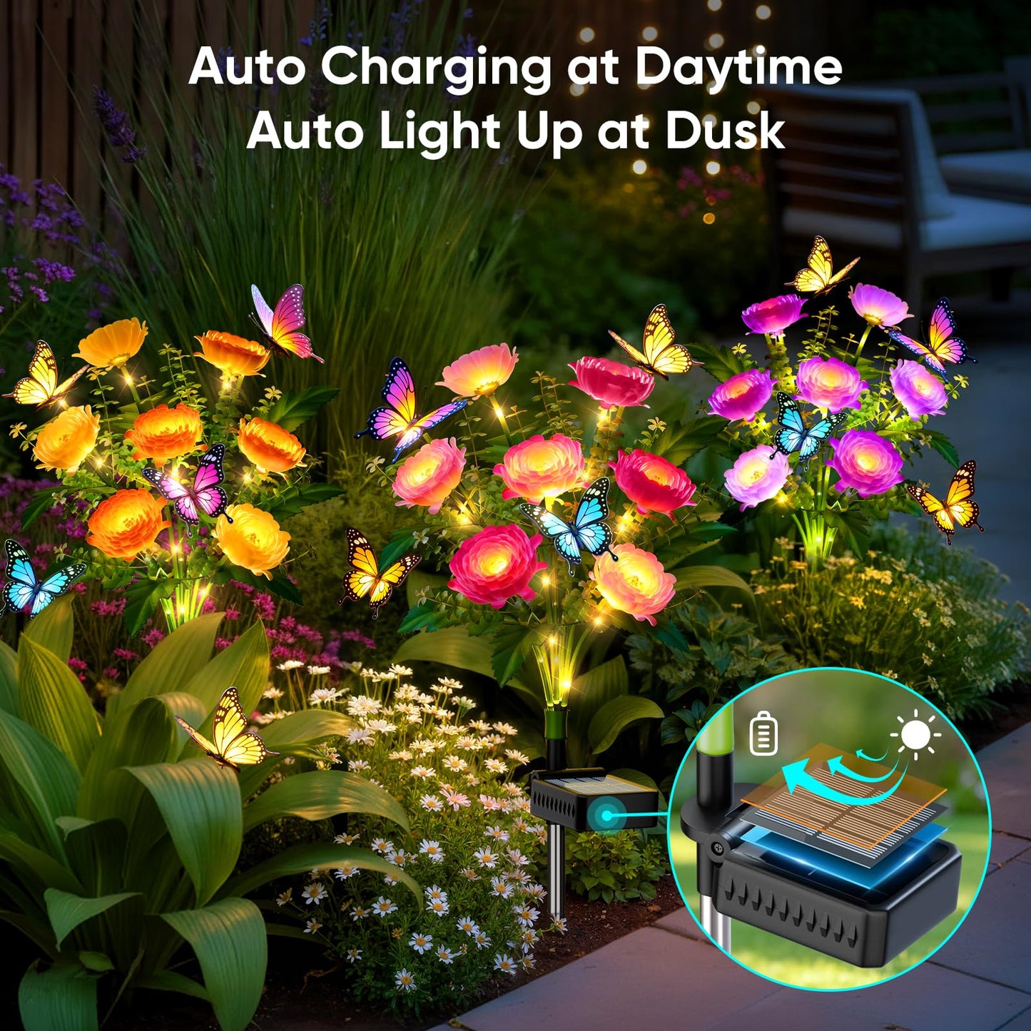 Solar Flowers Lights Outdoor Waterproof: 3 Pack LED Solar Lights Decorative for Outside Garden Decor with Butterfly Auto-On/Off for Yard Landscape