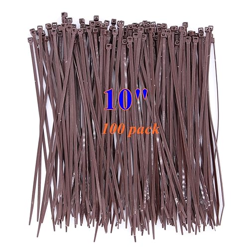 10 Inch Dark Brown Zip Ties Outdoor Use-Pack of 100, Self Locking Plastic Cable Ties for Fence, Small DIY Tie, Cable Management Outside Garden Trellis