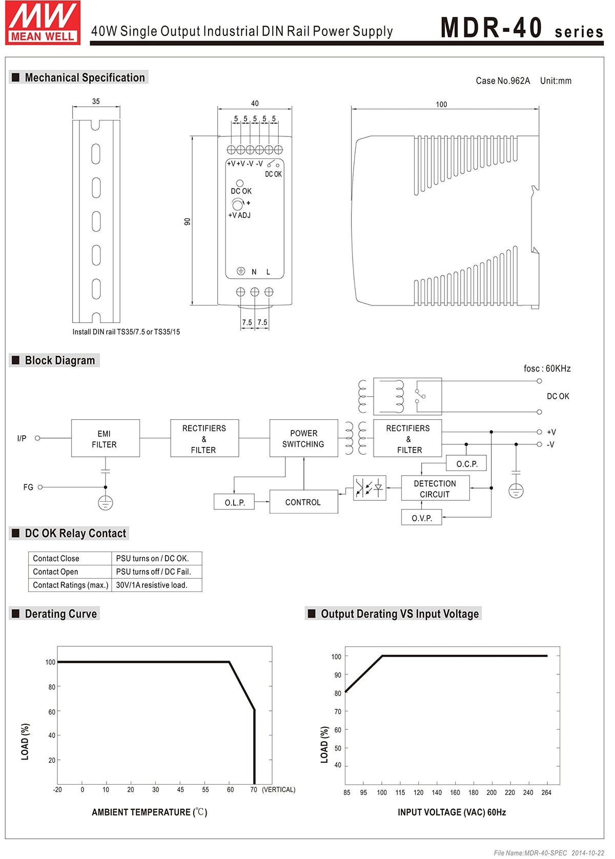 Mean Well Original MDR-40-24 Single Output Industrial DIN Rail Power Supply 24V 1.7A 40W