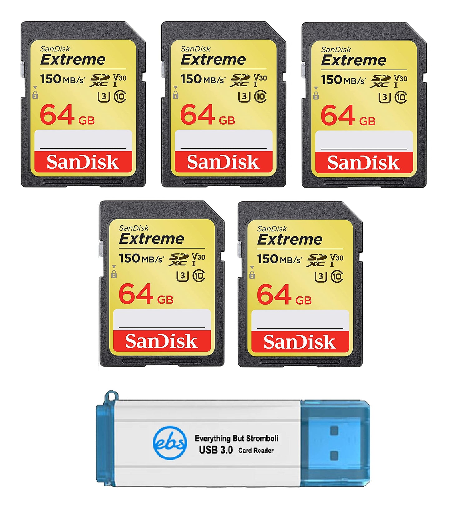 SanDisk Extreme 64GB SDXC Card (5 Pack) SDXC Memory Cards Compatible Browning Trail Cameras (SDSDXV6-064G-GNCIN) Class 10 UHS-1 U3 Bundle with (1)