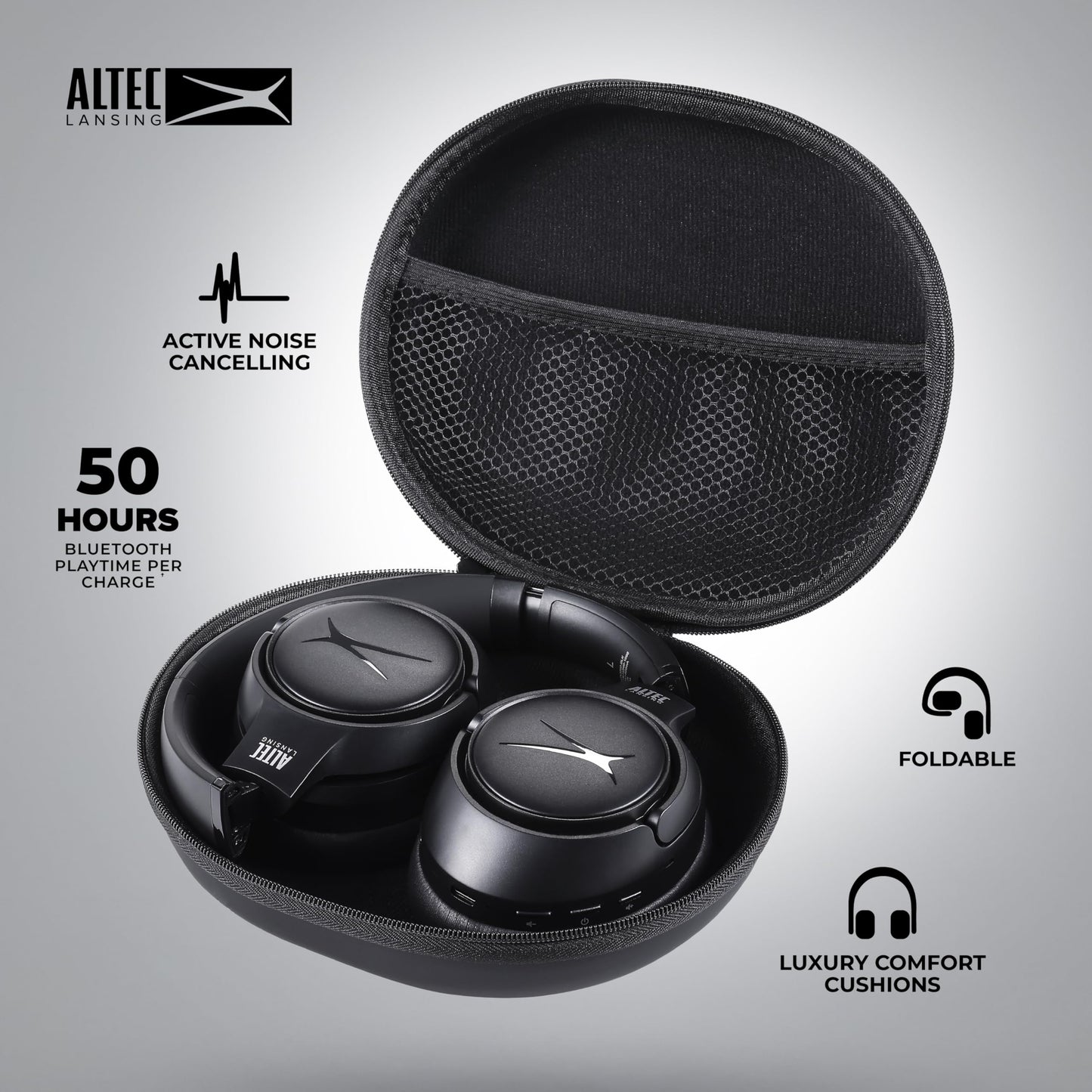 Altec Lansing Comfort Pro Over Ear Bluetooth Headphones, Wireless Noise Cancelling Headphones with ENC, Spatial Audio, 60H Battery, Foldable, Super