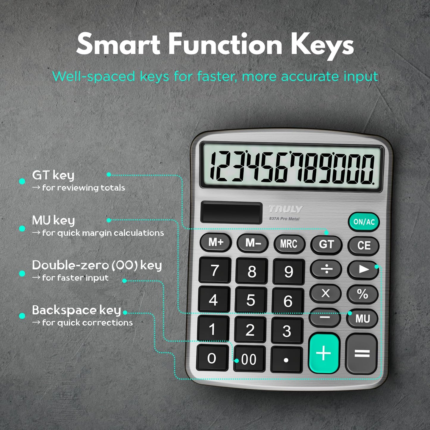 TRULY 12 Digits Desktop Calculator with Large LCD Display and Sensitive Button, Dual Solar Power and Battery, Standard Function for Office, Home