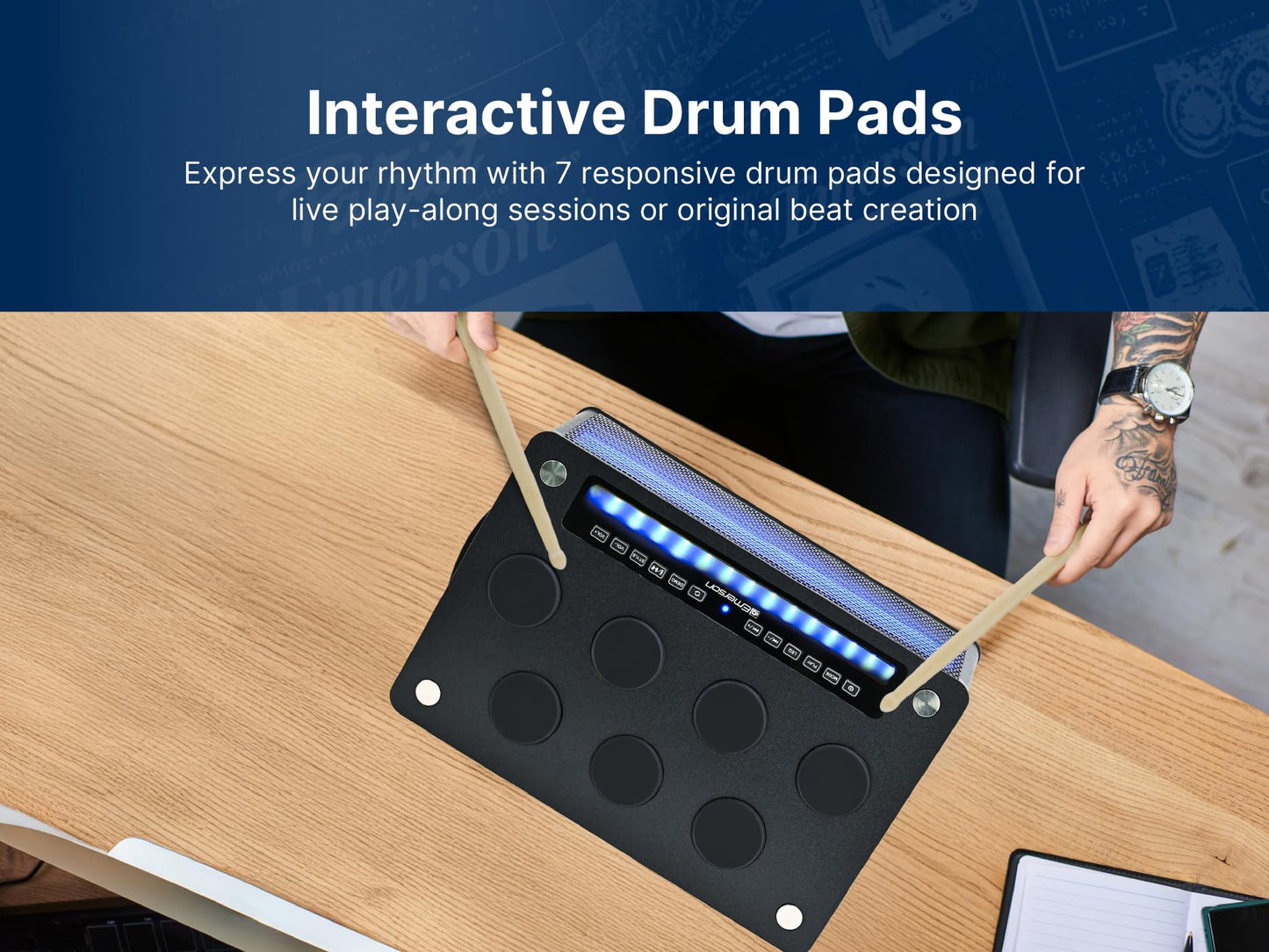 Emerson EDS-1000 Bluetooth Party Speaker with Digital Drum Pads, LED Lights, Dual Speakers, USB/AUX/Mic Inputs, & Rechargeable Battery