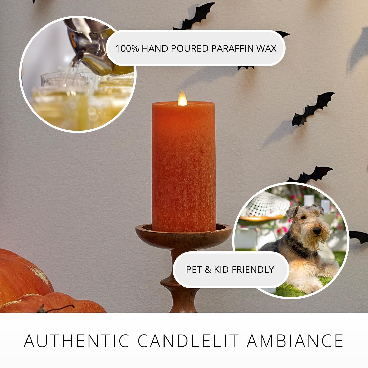 Luminara Sea Glass Flameless Candle, Harvest Pumpkin 3" x 6.5", Moving LED Flame Pillar with Timer, Battery Operated, Real Wax, Unscented Home Décor