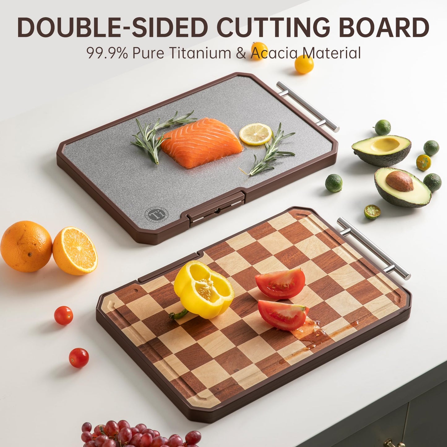 Titanium Cutting Board with Knife Sharpener, Pure Titanium & Acacia Wood Cutting Boards for Kitchen, Double Sided Checkerboard Chopping Board…