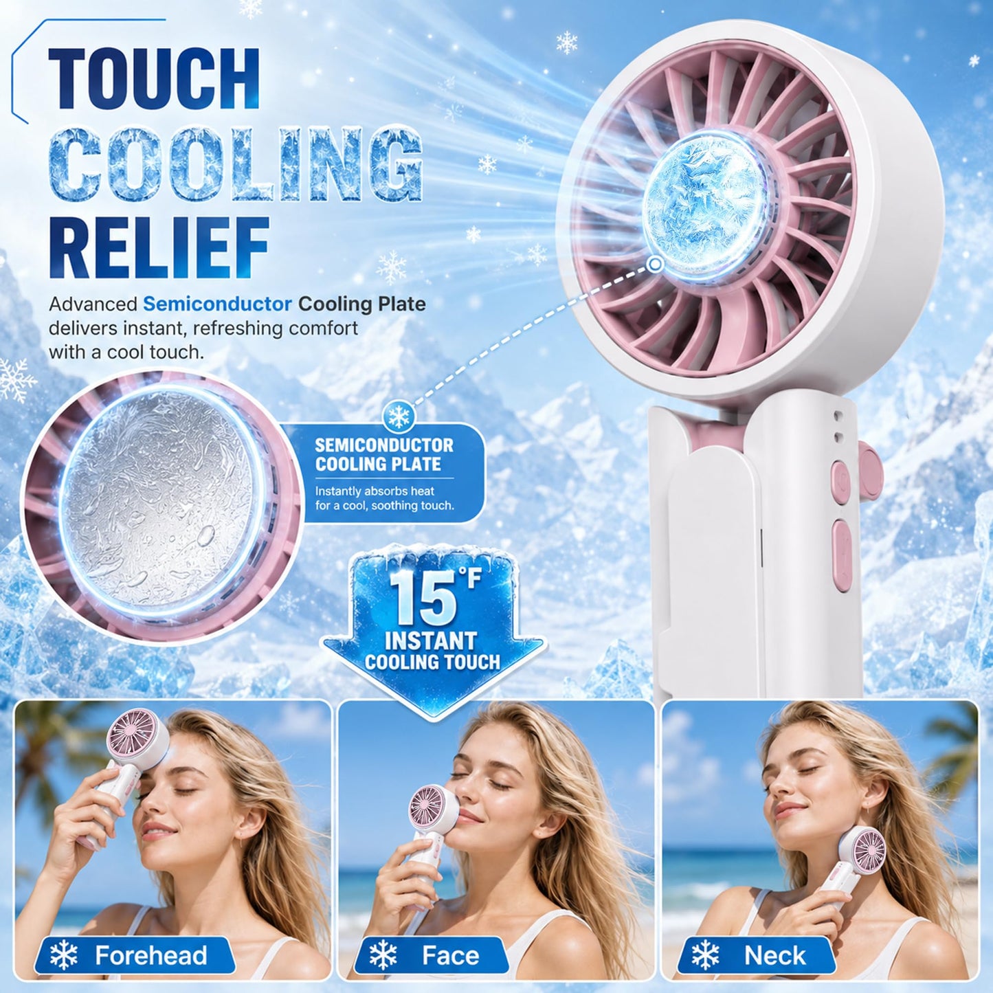 Sovrelon Handheld Portable Fan with Ice Cooling,Ice Cooling Umbrella Clip-on Fan, 5 Speed High-Velocity Rechargeable,USB Powered Fan for Outdoor