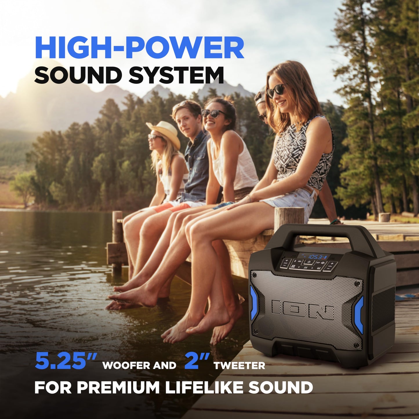 ION Tailgater Boom - Outdoor Portable Bluetooth Speaker with Mic in, FM Radio, USB Port, Battery, IPX5 Water-Resistant, Wireless Stereo-Link, App, 60W