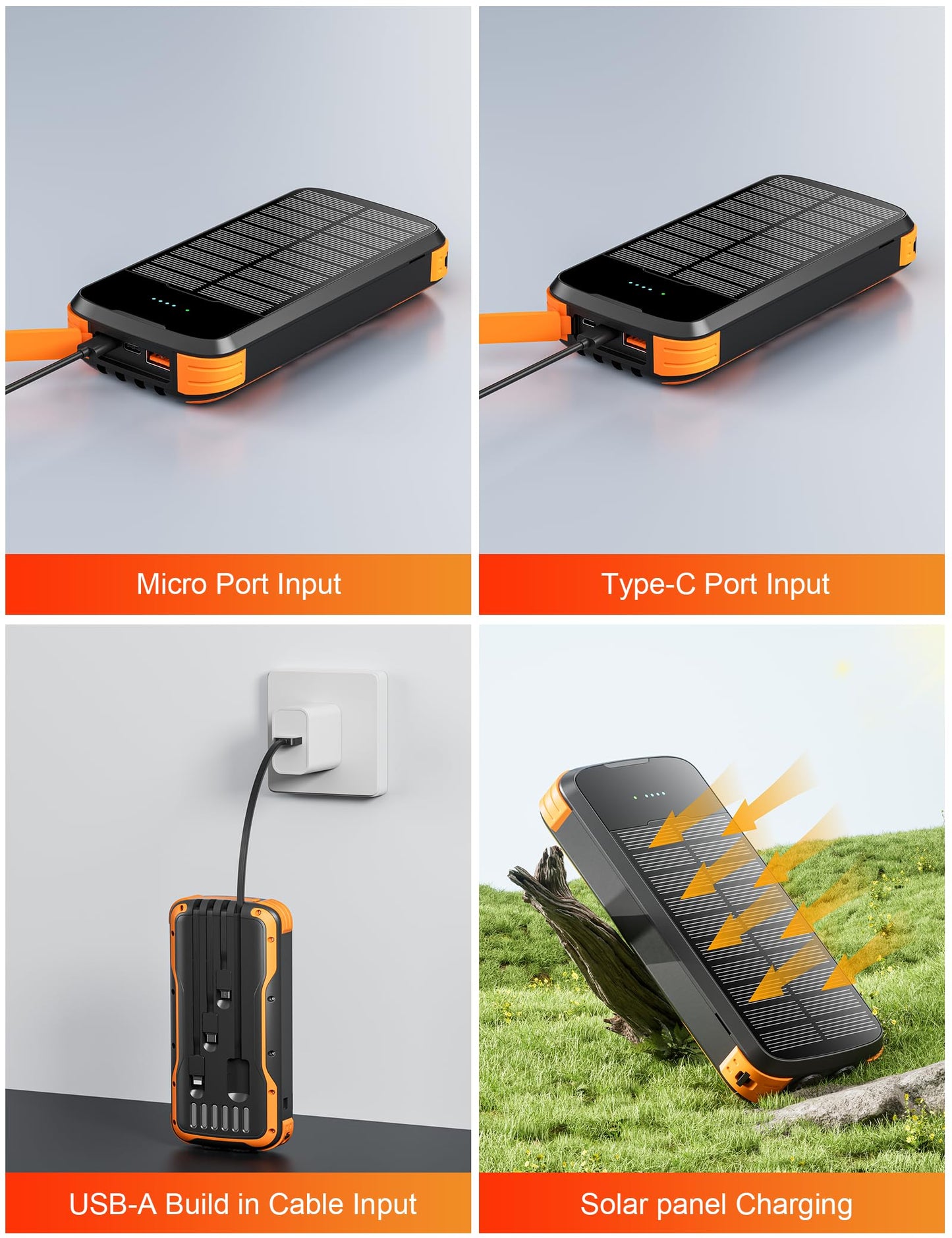 MINRISE Solar Power Bank 40000mAh, Portable Charger PD 20W Fast Charging Solar Charger Power Bank Built in 4 Cables and USB-C in/Output, Camping