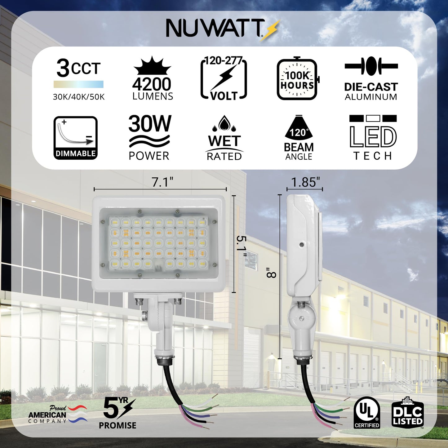 NUWATT 30W LED Flood Light, 3CCT 3000K/4000K/5000K Selectable, IP65 Waterproof Lighting, Adjustable Knuckle Mount, 4200LM, 0-10V Dimmable, 120-277V