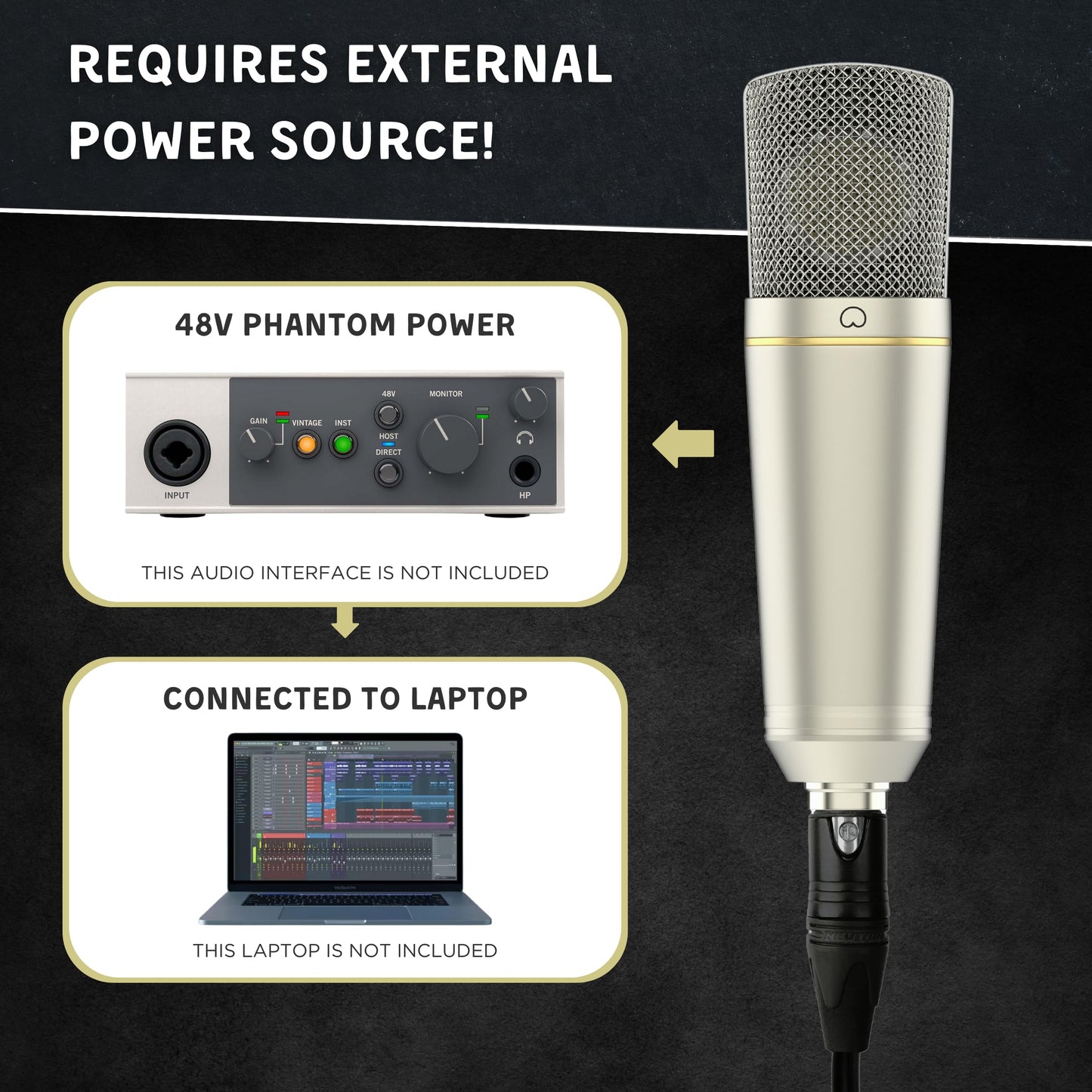 MA-67 Studio Condenser Microphone, 34mm Gold Large Diaphragm Capsule, Including Hydro Pop Filter, Metal Shock Mount, XLR Cable and Mic Bag - For Music