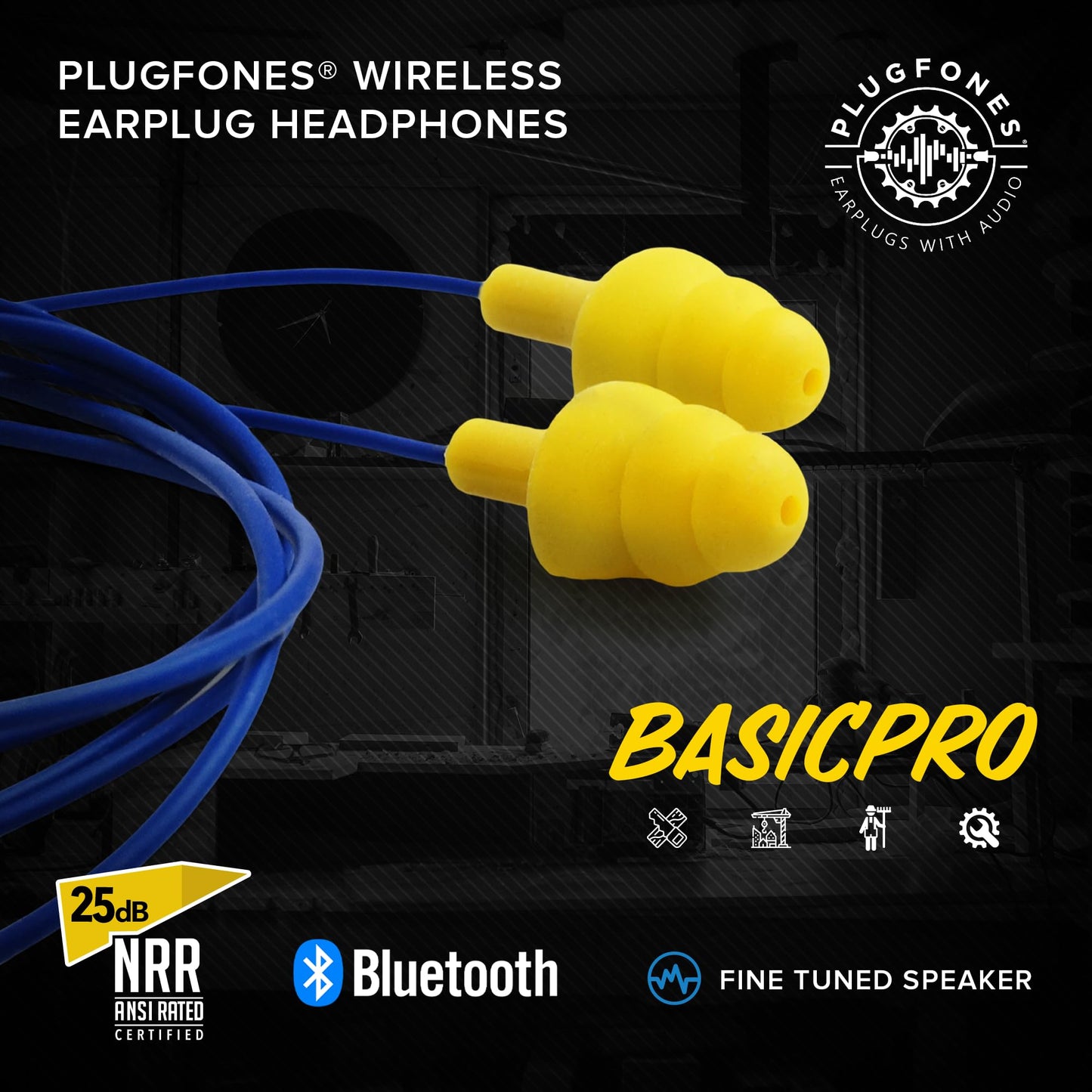Plugfones Basic Pro Bluetooth Earplug Headphones for Work, Wireless in-Ear Safety Earbuds, 25dB NRR OSHA Compliant Hearing Protection with Noise