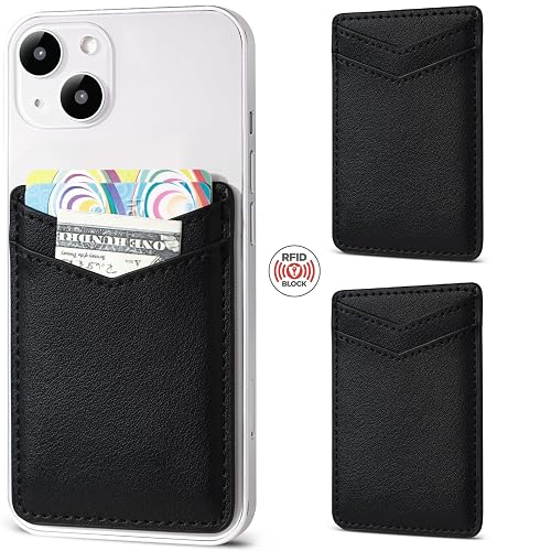 Fulgamo 2Pack Leather Phone Wallet Stick on, Sticky Back of Phone Card Holder, Credit Card Holder for Phone Case Stick on - Black
