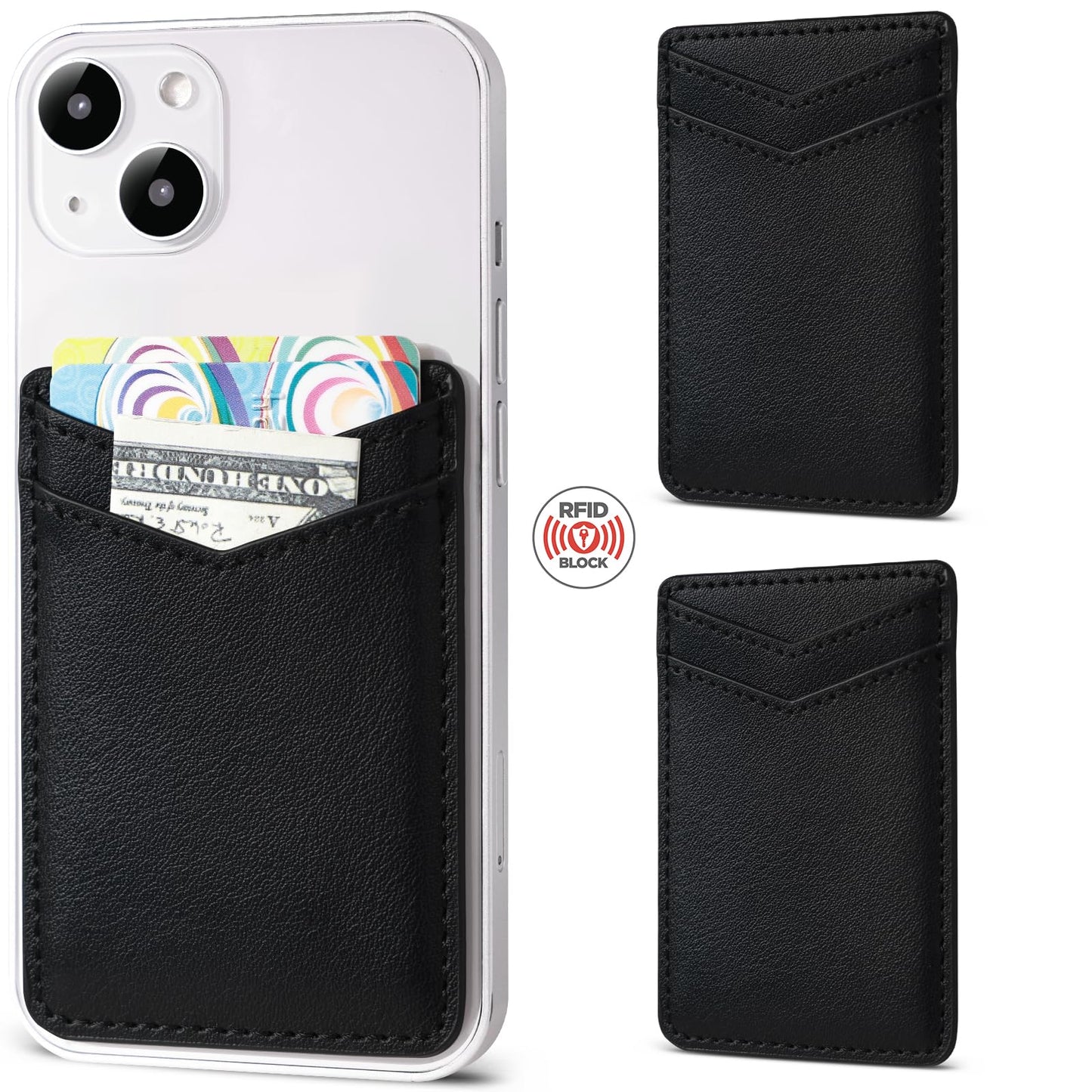 Fulgamo 2Pack Leather Phone Wallet Stick on, Sticky Back of Phone Card Holder, Credit Card Holder for Phone Case Stick on - Black