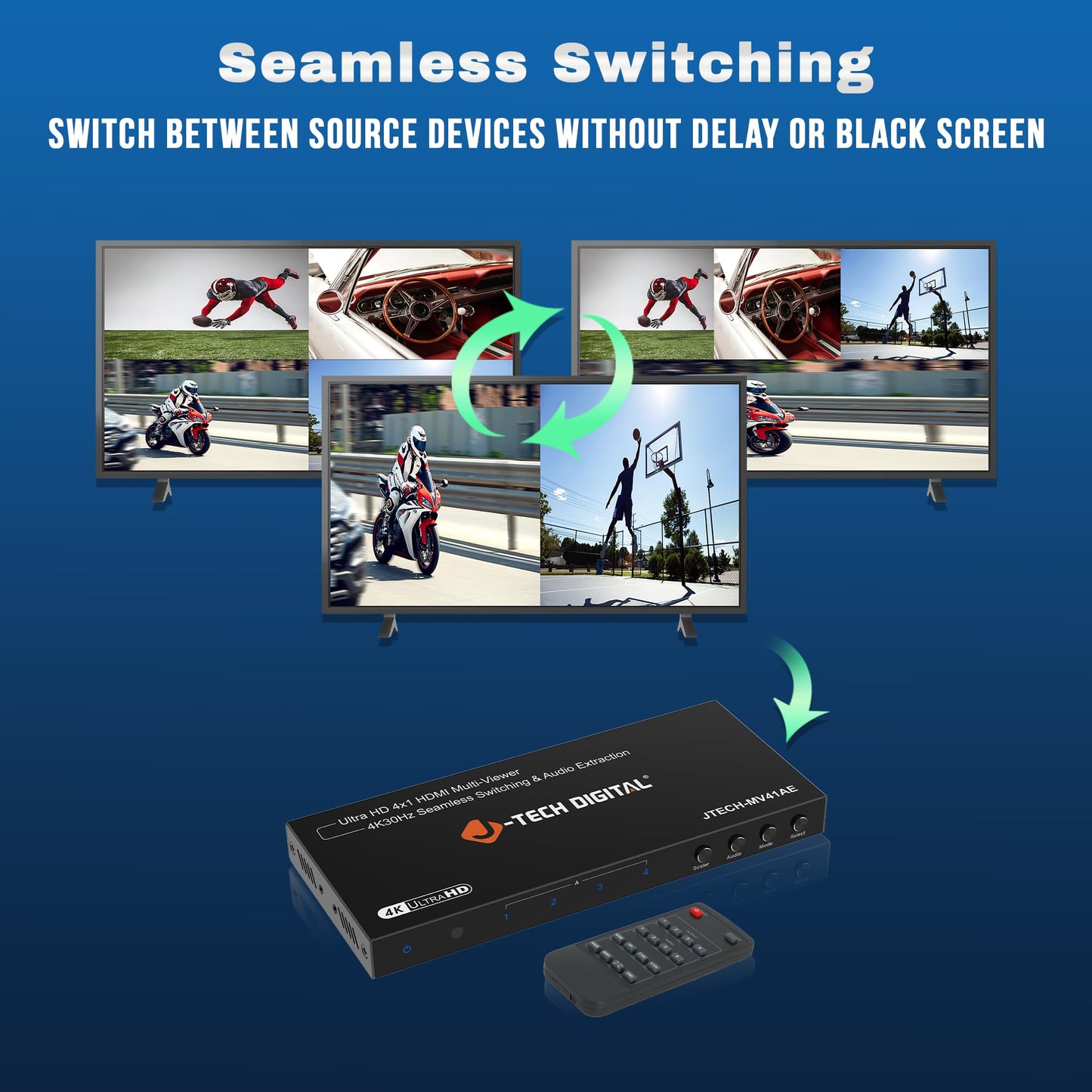 J-Tech Digital 4K HDMI Multiviewer Switch 4 in 1 Out, 4x1 4K 30Hz HDMI Quad Multiviewer Seamless Switcher with PiP, 6 Viewing Modes, Audio Extraction