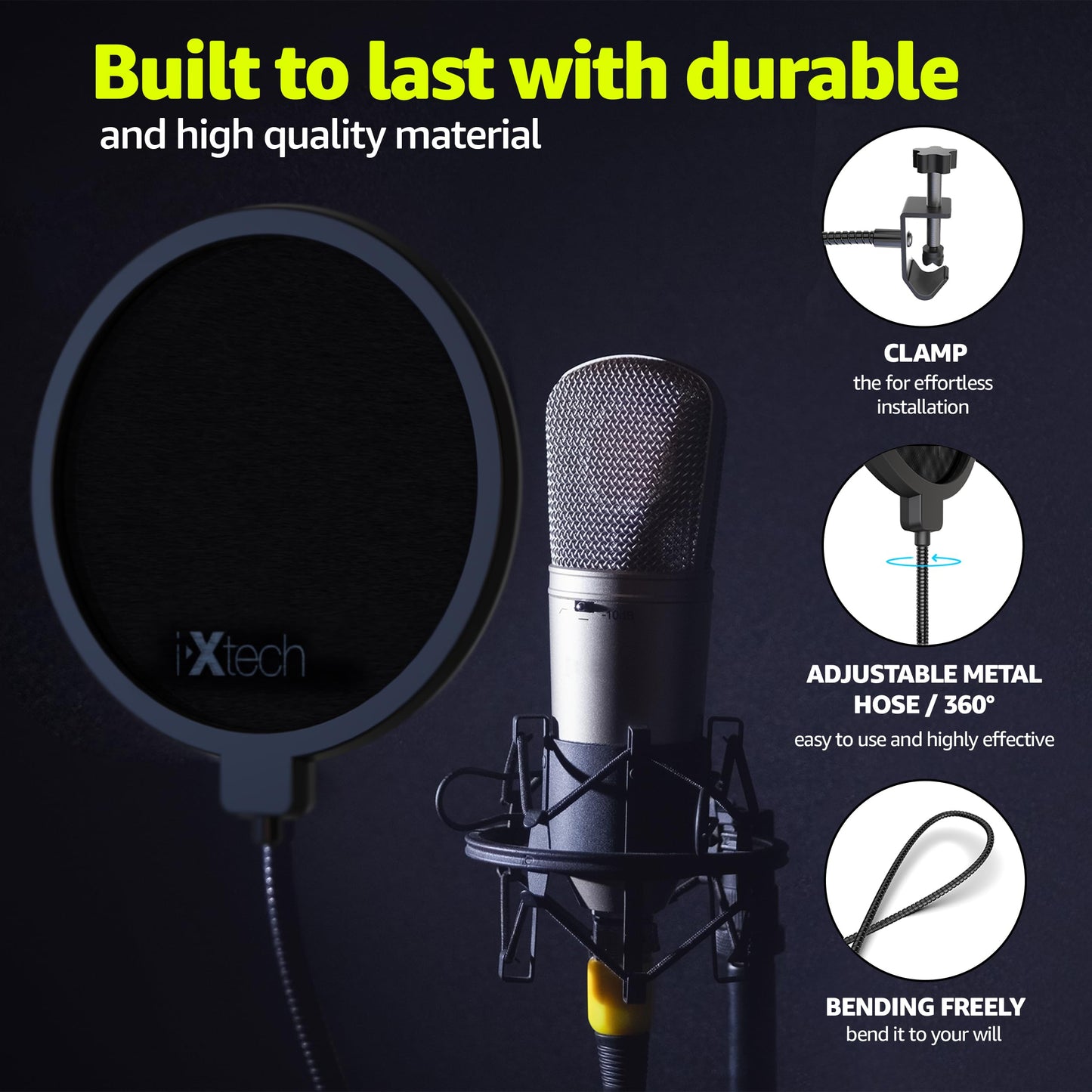 IXTECH Pop Filter for Mic Microphone, Blue Yeti Mic Pop Filter Dual Layered Wind Pop Screen with a Flexible 360 Degree Gooseneck Clip Stabilizing.