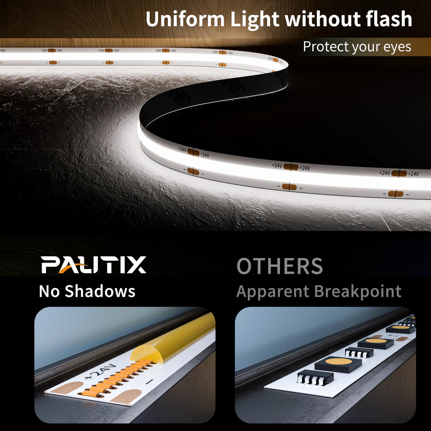 PAUTIX COB LED Strip Light 32.8ft/10m 5040LEDs White 6000K,High Lumen Flexible CRI93+ LED Tape Super Bright DC24V,for Cabinet Home DIY Lighting