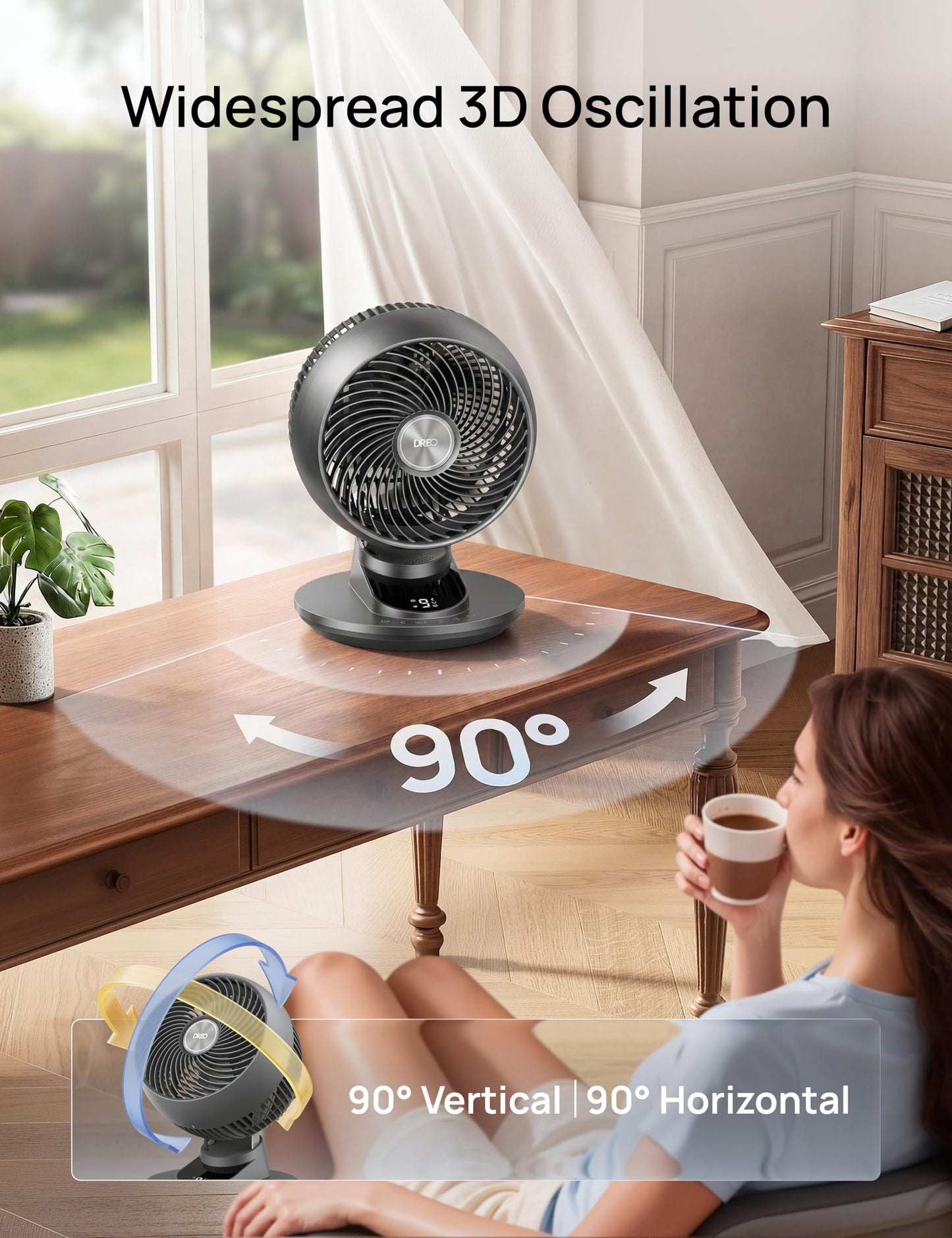 DREO Smart Fan for Bedroom, Powerful 85 ft Airflow, 12 Inches, Desk Fans in 20dB Quiet, 90°+90° oscillating fans, App/Voice Control, 9 Speeds & 8/12H
