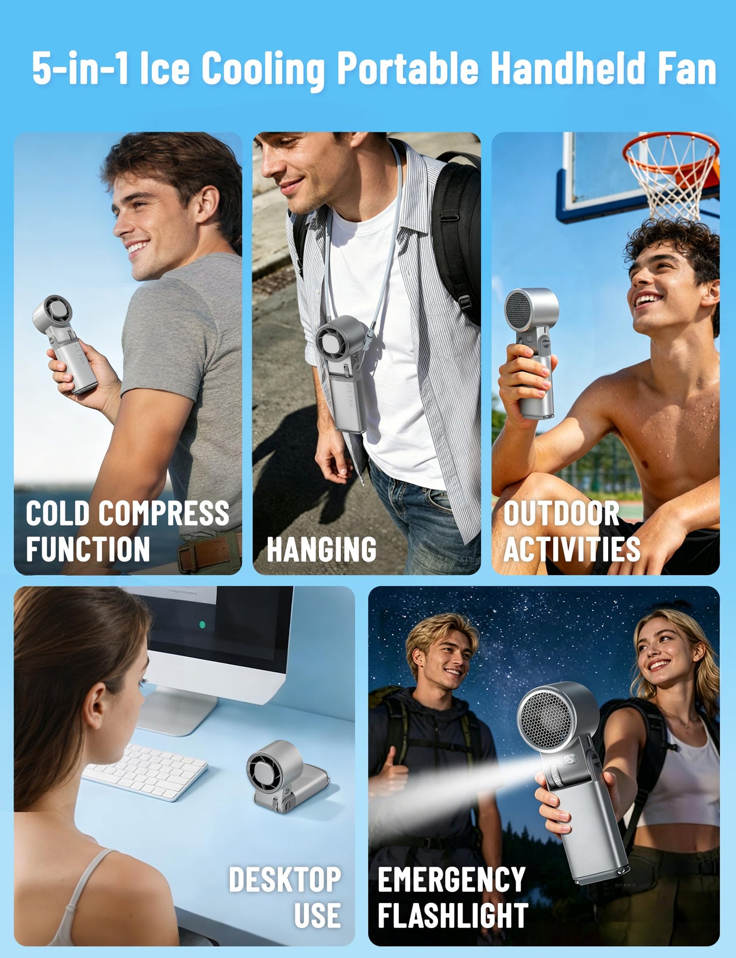 Polvntrd Portable Handheld Fan, Ice Cooling Plate, Cold Air Rechargeable AC