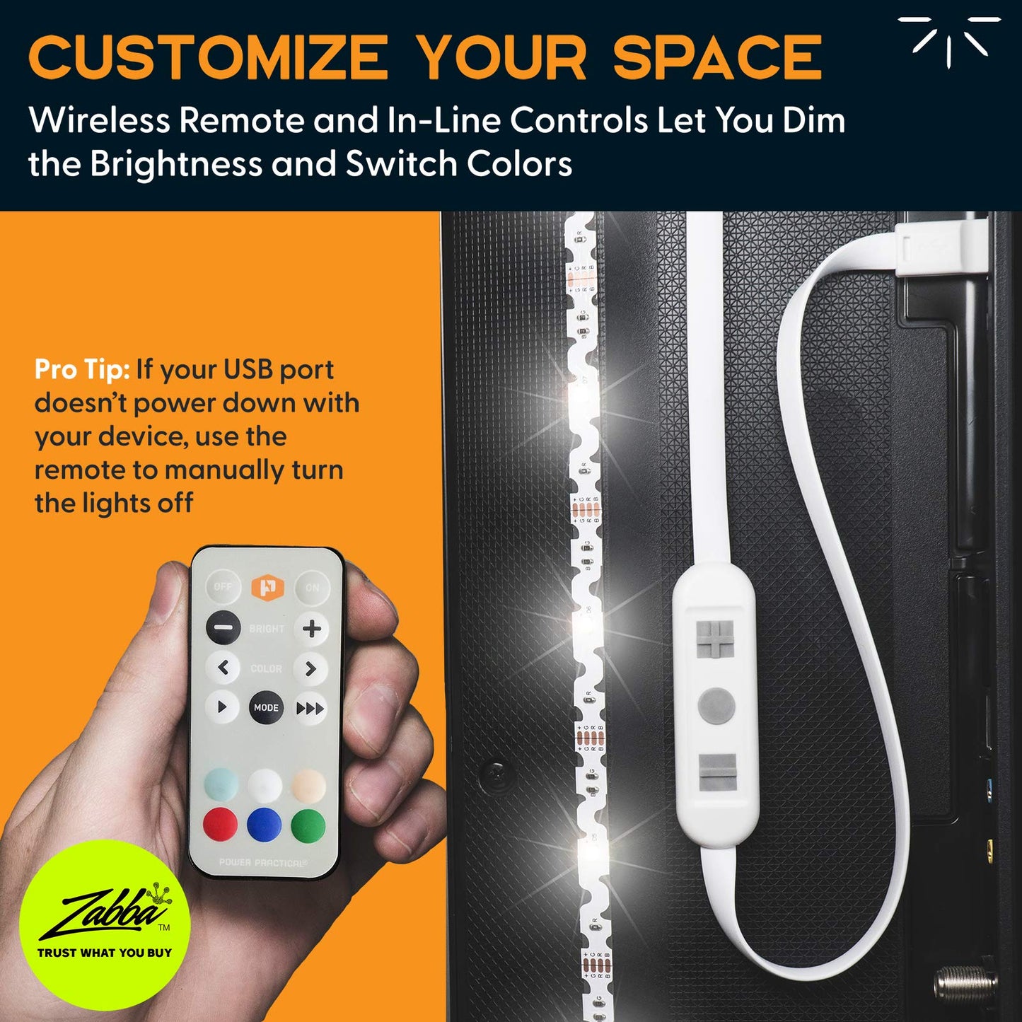 Power Practical LED Lights for TV in Living Room or Bedroom, Luminoodle Backlight, USB Powered Strips w/Remote for 15 Ambient Color Bias Lighting