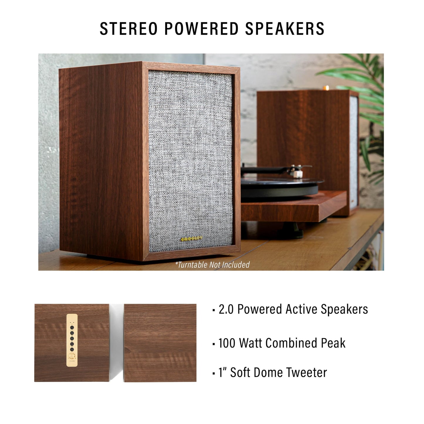 Crosley S200A-WA 4" Active Powered Bluetooth Stereo Speakers with Optical, USB, and Aux Connections, Walnut