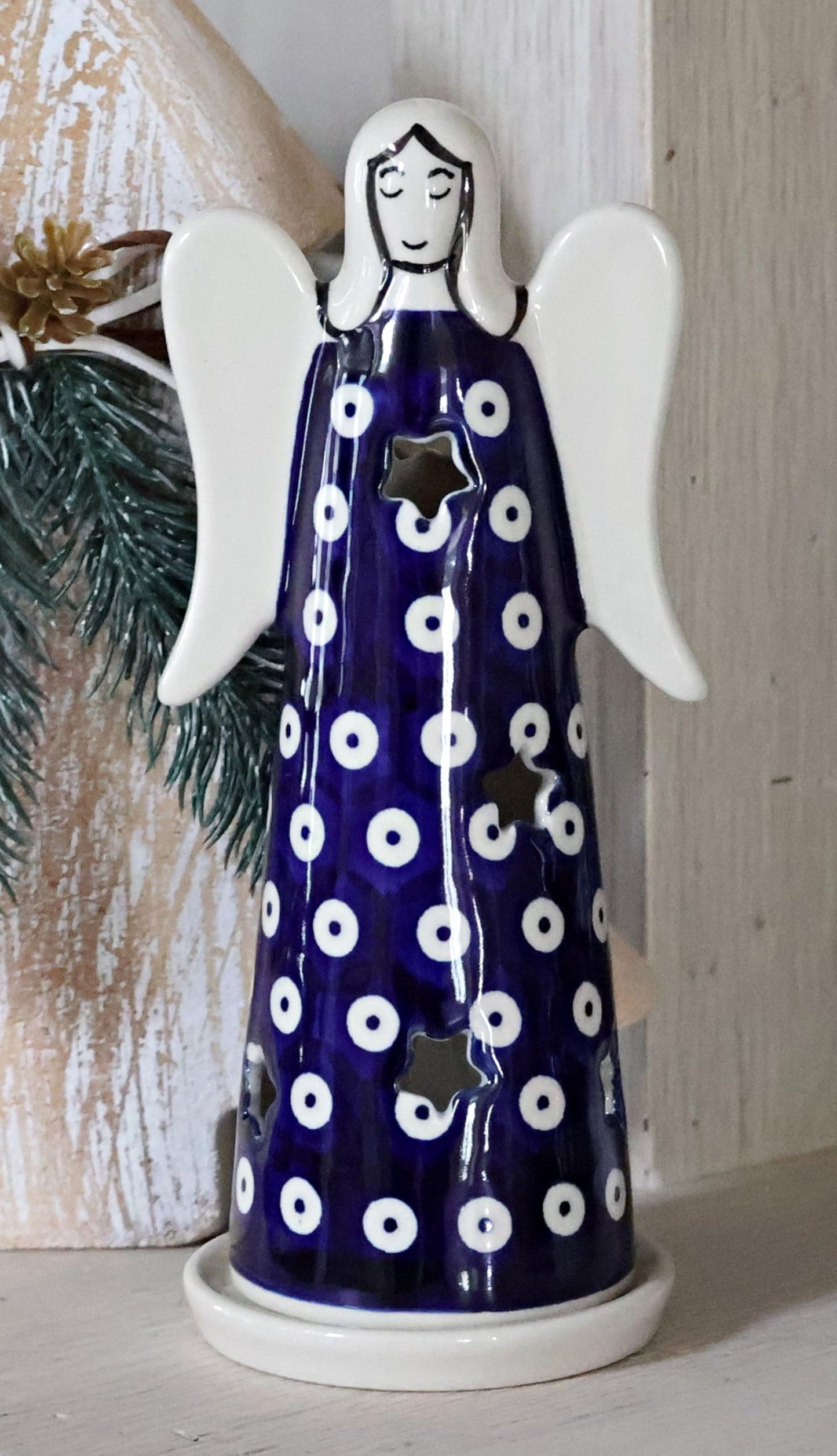 Blue Rose Polish Pottery - Blue Dots Large Angel Luminary - 7.75" Tall - Hand-Painted Polish Pottery Holiday Candle Holder, Unique Christmas Gift