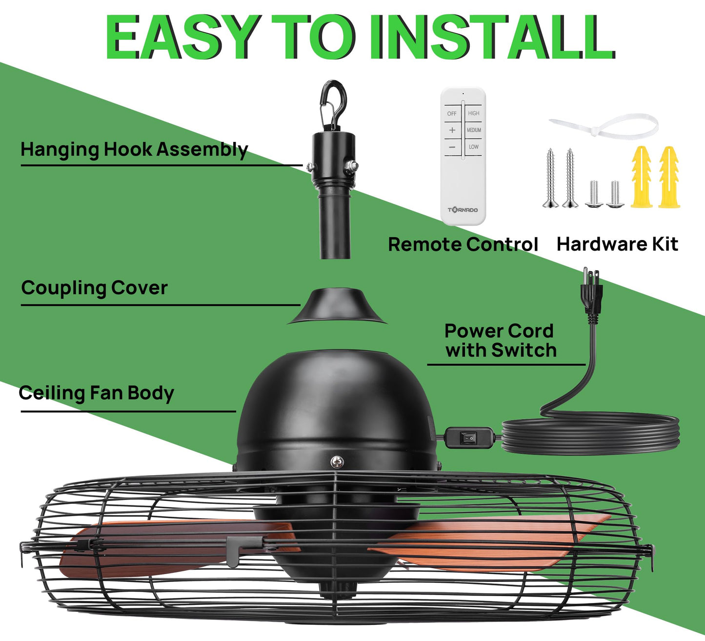 Outdoor Ceiling Fan for Patios, 20 Inch Gazebo Fan Waterproof Remote&Cord Control, 3 Speed, Low Noise, Plug in Ceiling Fan for Pergola, Porch, Gazebo