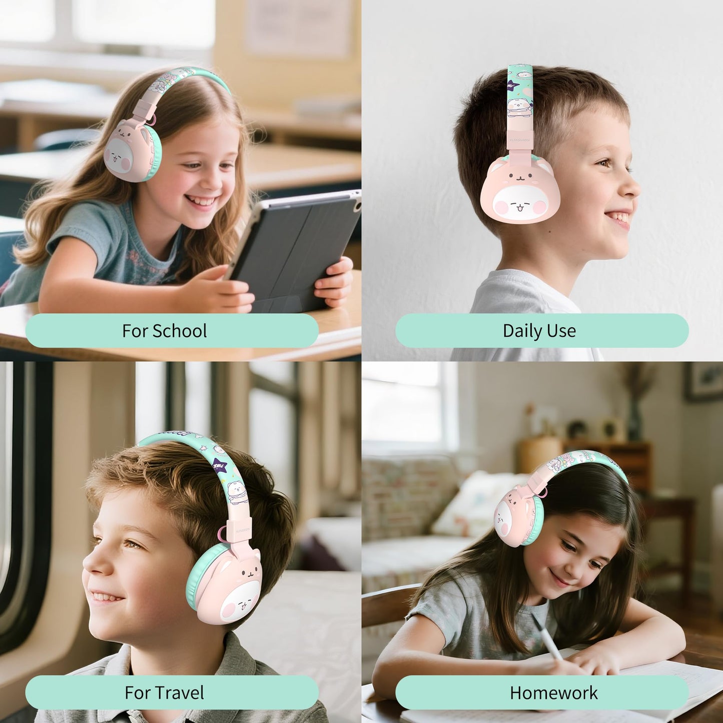 YLFASHION Kids Bluetooth Headphones, 85dB Volume Limit, Ultra-Soft Over-Ear, Built-in Mic, Foldable,Cartoon Animal Design, Suitable for School…