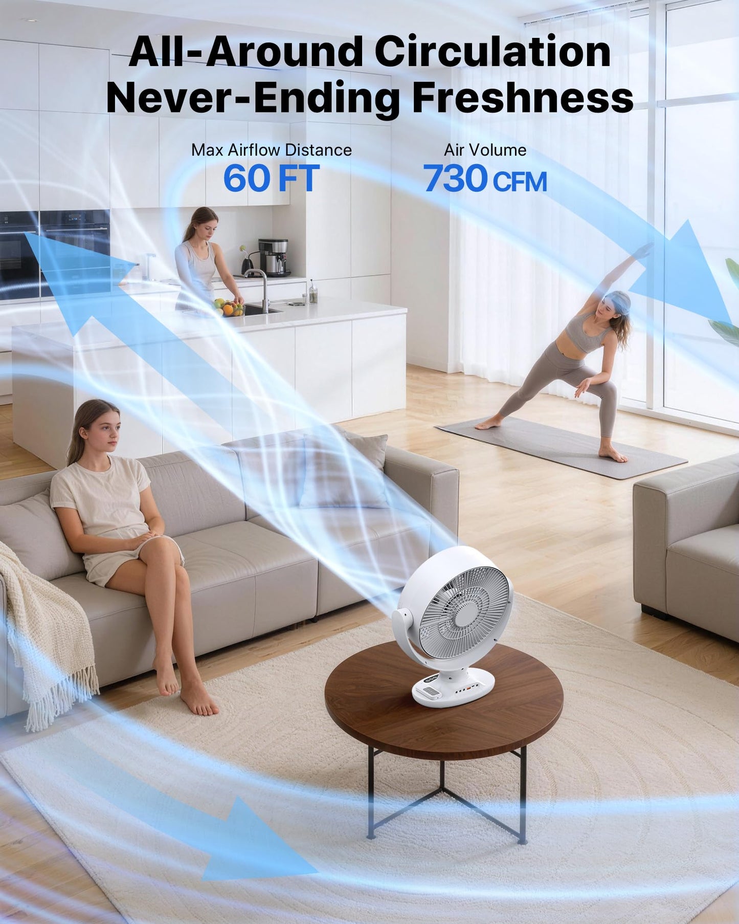 Aaoyun Wireless Desk Fan, 12000mAh Cordless Room Air Circulator with Remote, 3D Oscillating Standing Fan, 8 Speeds, 20dB Quiet Motor, Washable