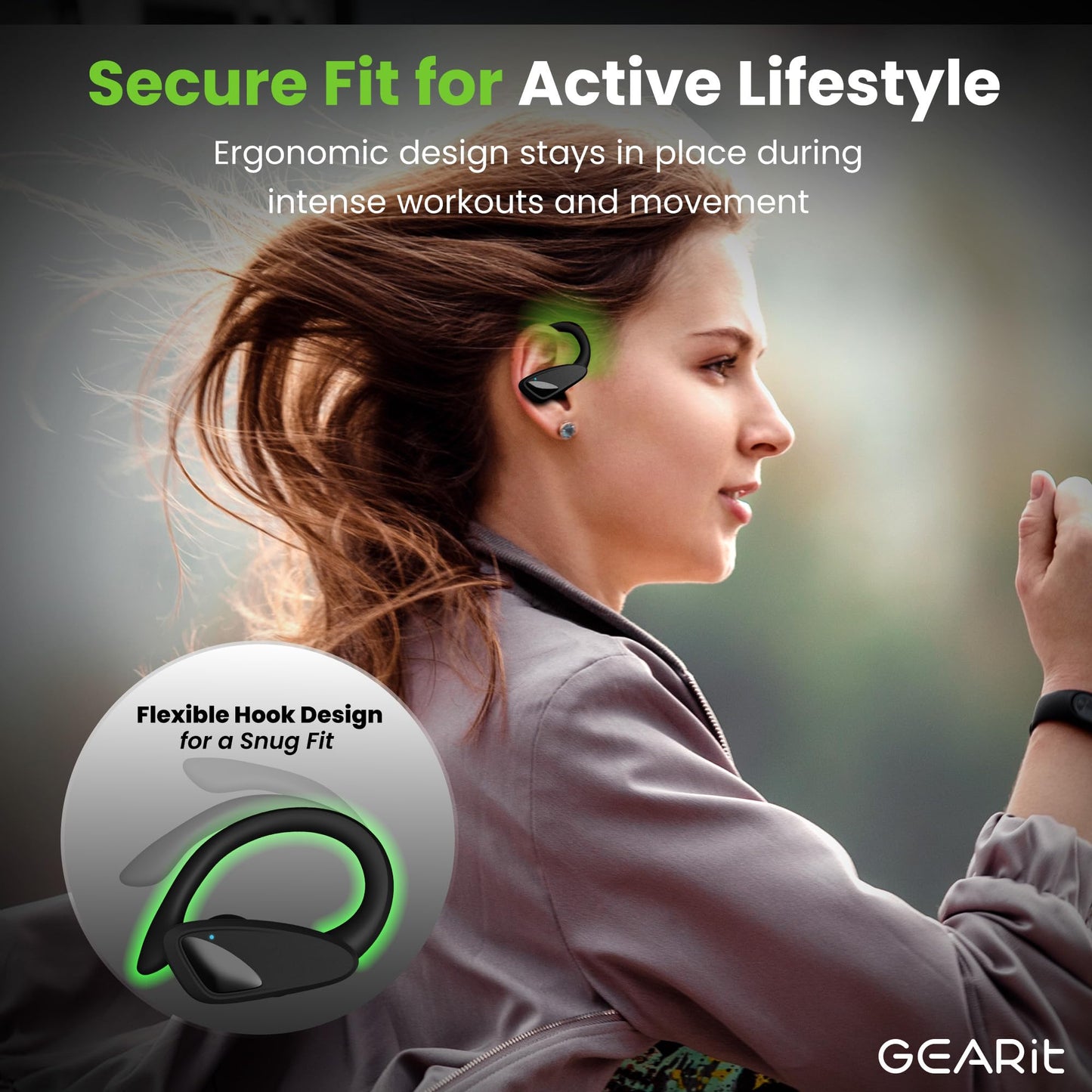 GEARit Sport Hook True Wireless Earbuds Compatible with iPhone & Android - 23H Playtime - IPX7 Water Resistant & Sweatproof - Secure Fit 5.4…