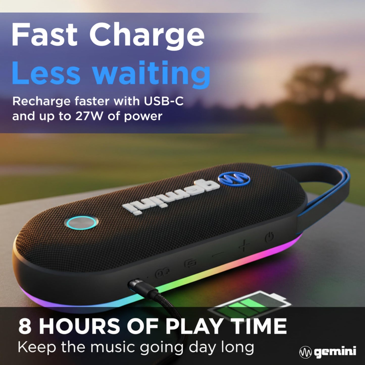 Gemini Magnetic Bluetooth Speaker for Golf Cart - Strong Magnet, Wireless Stereo, 8-Mode LED/RGB Lights, USB-C Fast Charge, IPX6 Waterproof (BeatGrip