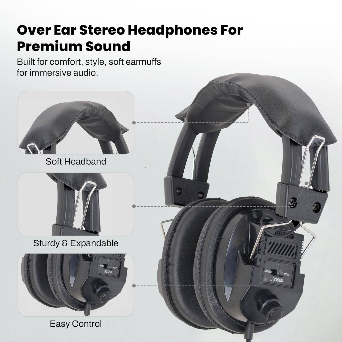Fisher Over-Ear Stereo Headphones Black - Passive Noise Cancelling Wired Headset for Music, Gaming, Work, Travel - Comfortable, Durable, Clear Stereo