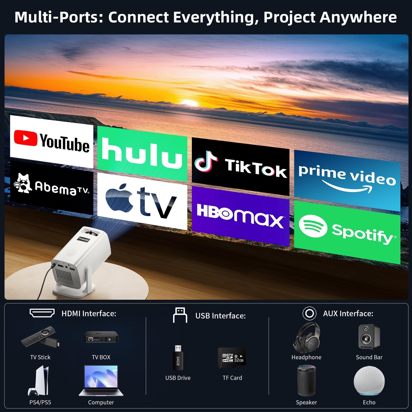 Mini Projector, Portable Projector 4K Support, Full HD 1080P Outdoor Projector, 270° Rotation Movie Projector, Compatible with Smartphone, TV Stick