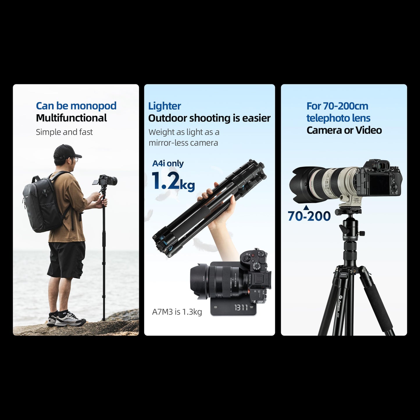 Fotopro 73'' Camera Tripod, Foldable Aluminum Tripod/Monopod, Detachable Fluid Head with Quick Release Plate, Lightweight Tripod for Camera, Phone