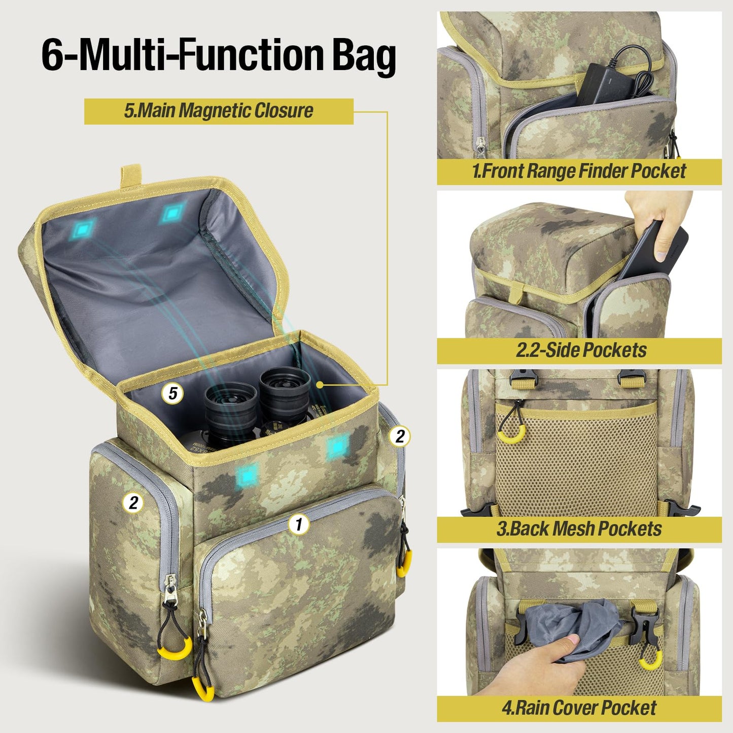OCKLILY Binocular Harness Chest Pack - Lightweight Binocular Case with Rangefinder Pouch & Waterproof Rain Cover - for Hunting, Birdwatching,