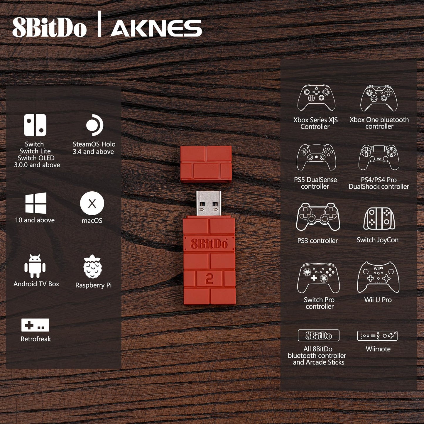 8BitDo USB Wireless Controller Adapter 2 Converter Dongle for Switch 2/Switch LCD/OLED,Windows,Raspberry Pi, PS5/PS4/PS3 Controller,Xbox Series