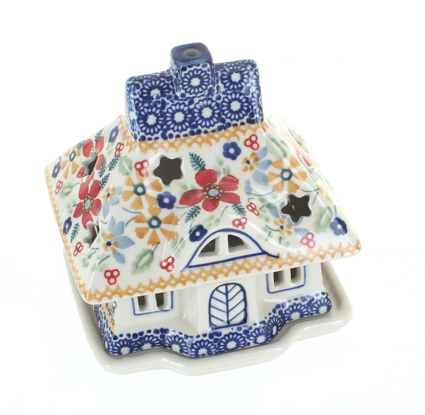Blue Rose Polish Pottery - Red Daisy House Luminary - 5" x 4.5" - Hand-Painted Polish Pottery Holiday Candle Holder, Unique Christmas Gift & Festive
