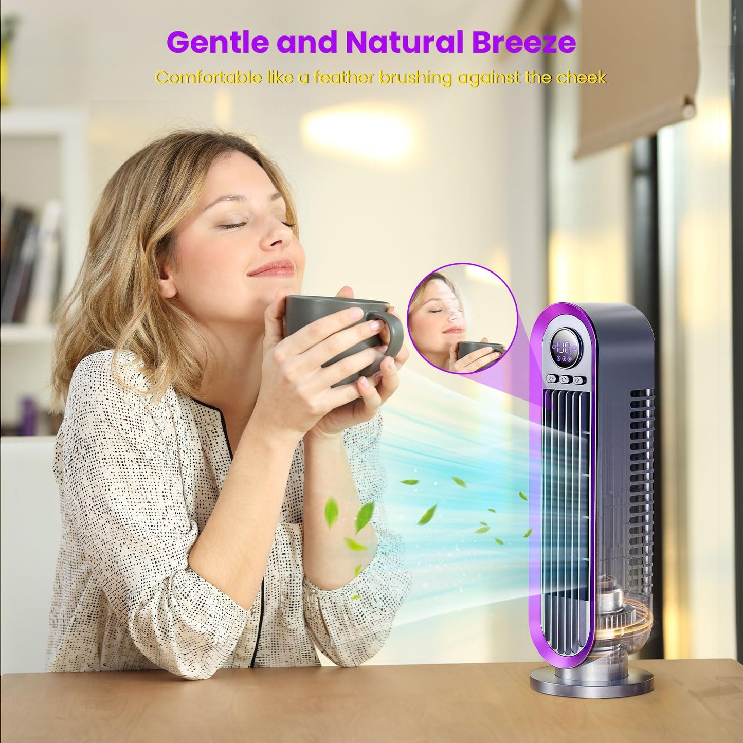 Misby Desk Fan, 13 Inch Small Bladeless Table Fan for Saving Space, Quiet Office Fan Rechargeable, 3 Speed & 8H Timer, 90° Oscillating Fan