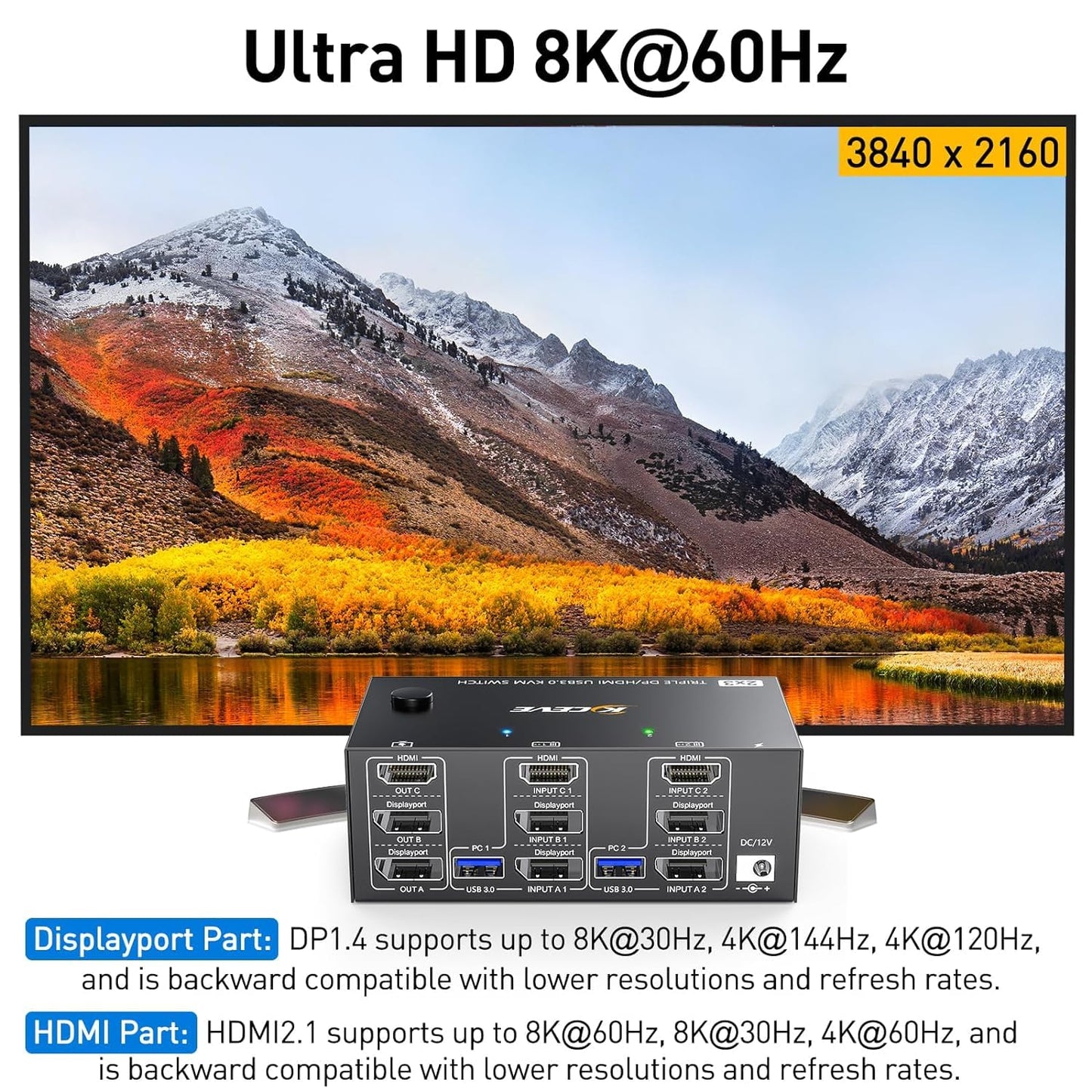 KVM Switch 3 Monitors 2 Computers, HDMI + DisplayPort KVM Switcher 8K@30Hz/4k@144Hz for 2 Computer Share 3 Display and 4 USB 3.0 Devices