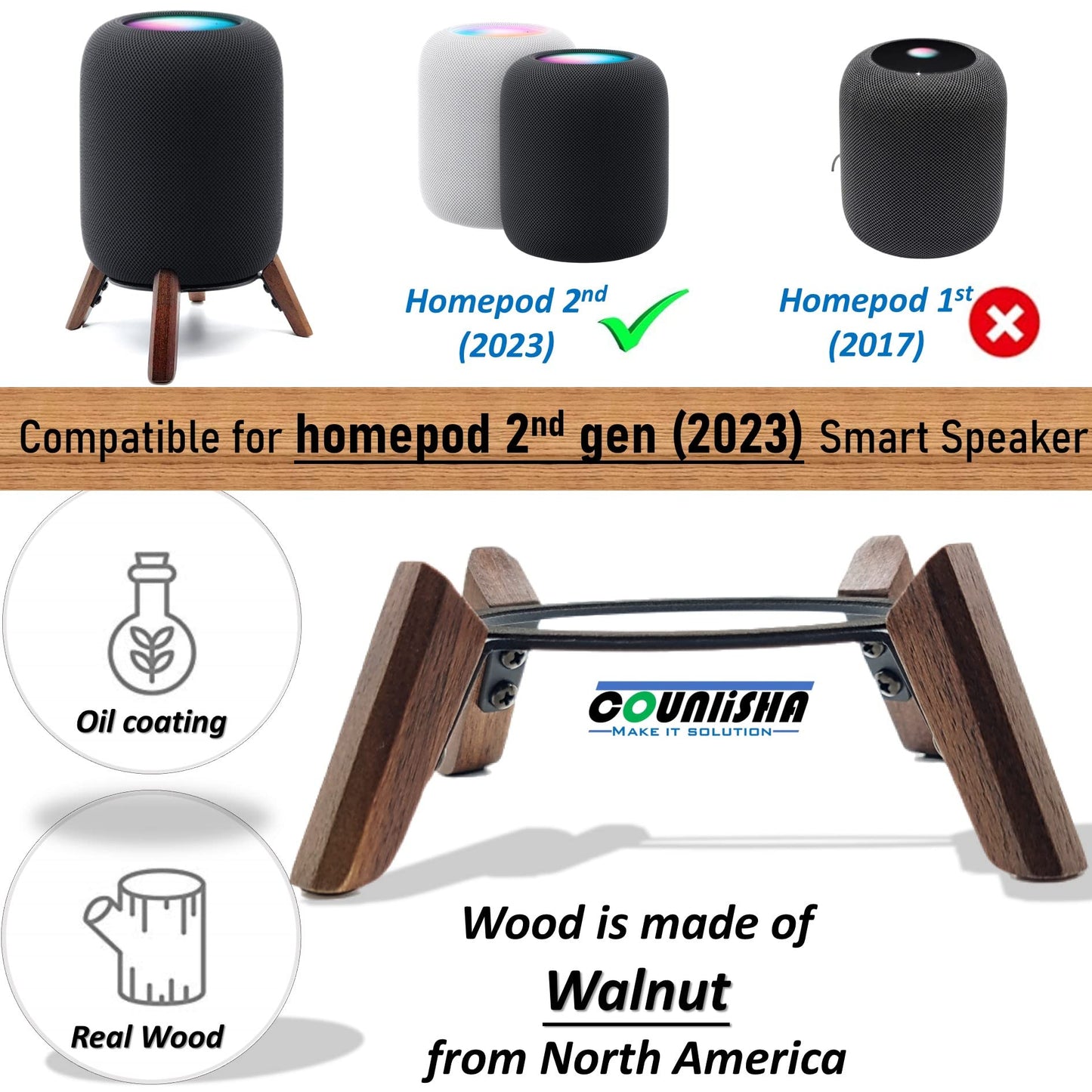 Real Wood Stand for Homepod 2nd gen (2023 Released), Wooden Holder with Metal Frame for Better Sound,Sturdy Stable Mount with Anti-Slip Protects Apple