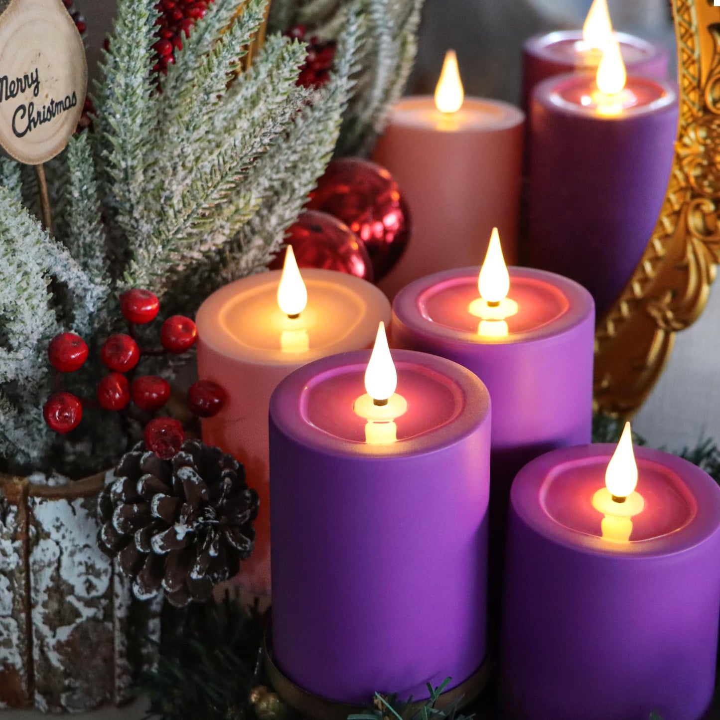 Yunsheng Flameless Advent Candles Purple and Pink, 5 Inch Battery Operated LED Pillar Candles With Remote Timer, 350+ Hours Long Lasting for Christmas