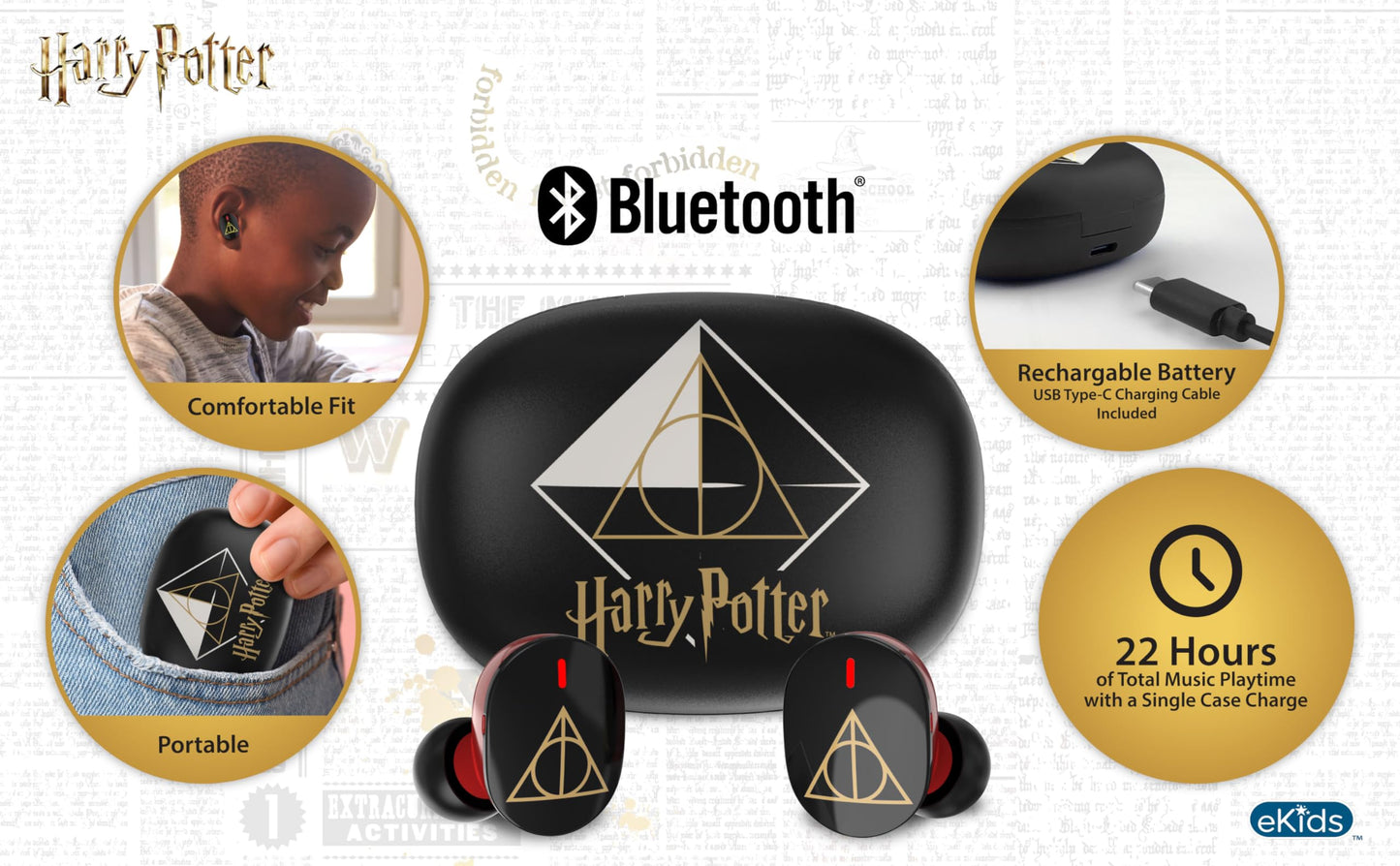 Harry Potter Wireless Earbuds for Kids, Bluetooth Earbuds with Charging Case