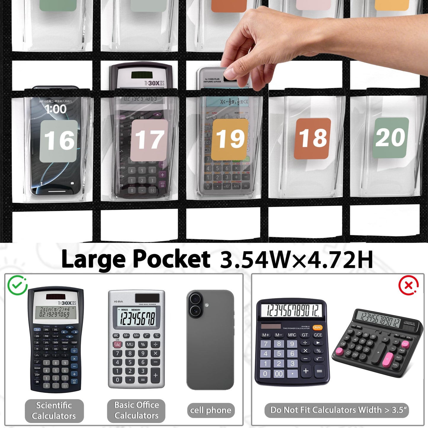 30-Pocket Calculator Holder for Classroom, Hanging Calculator Pocket Chart with Clear PVC Pockets & Numbered Stickers, Calculator Storage Organizer