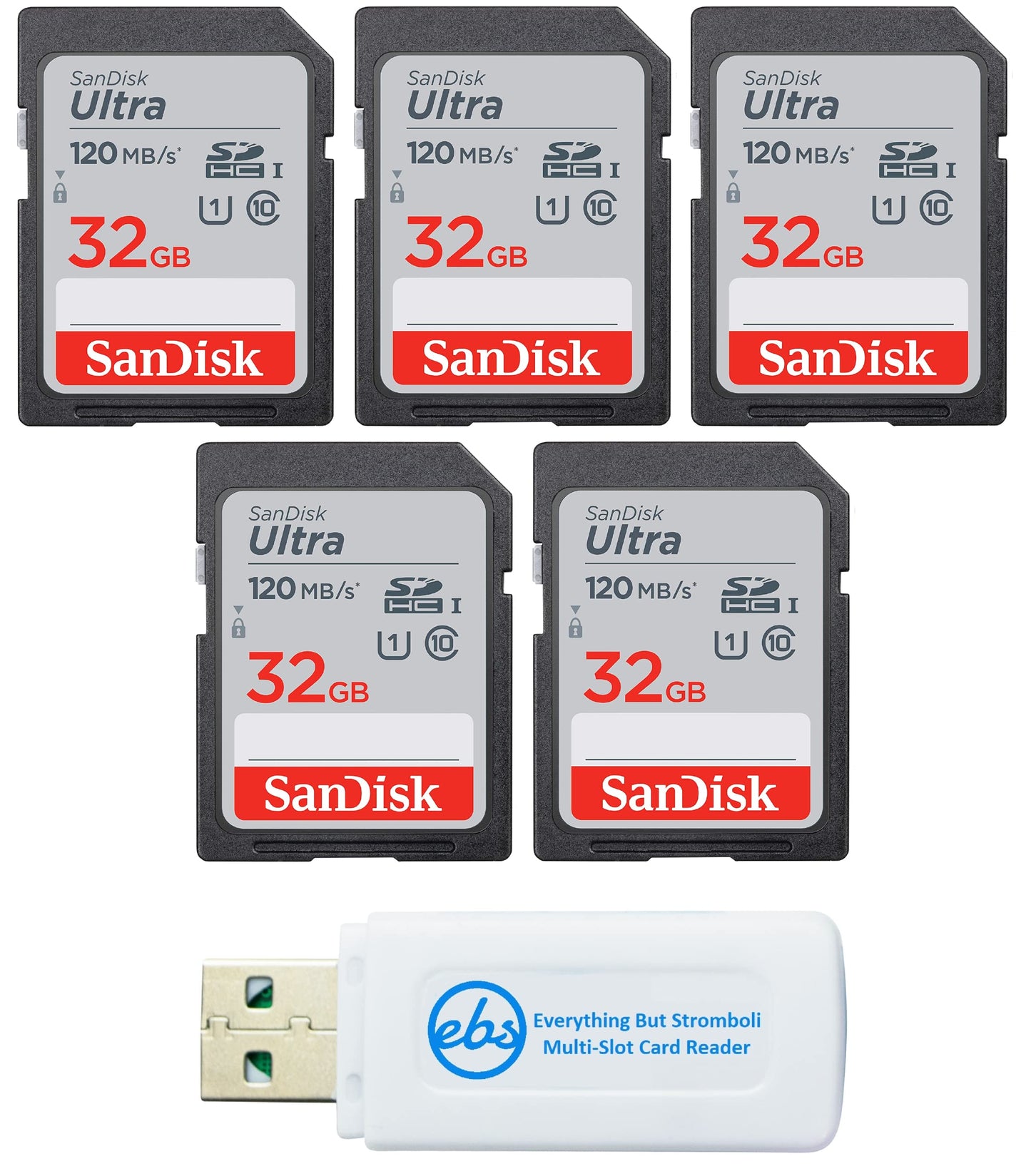 SanDisk 32 GB Class 10 SD HC Ultra Flash Memory Card - 5 Pack (SDSDUN4-032G-GN6IN) Bundle with Everything But Stromboli MicroSD & SD Card Reader