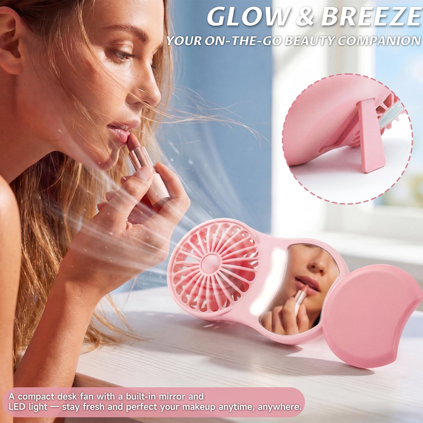 MOHADU Makeup Fan with Mirror LED Light Desktop Support Lightweight Fan