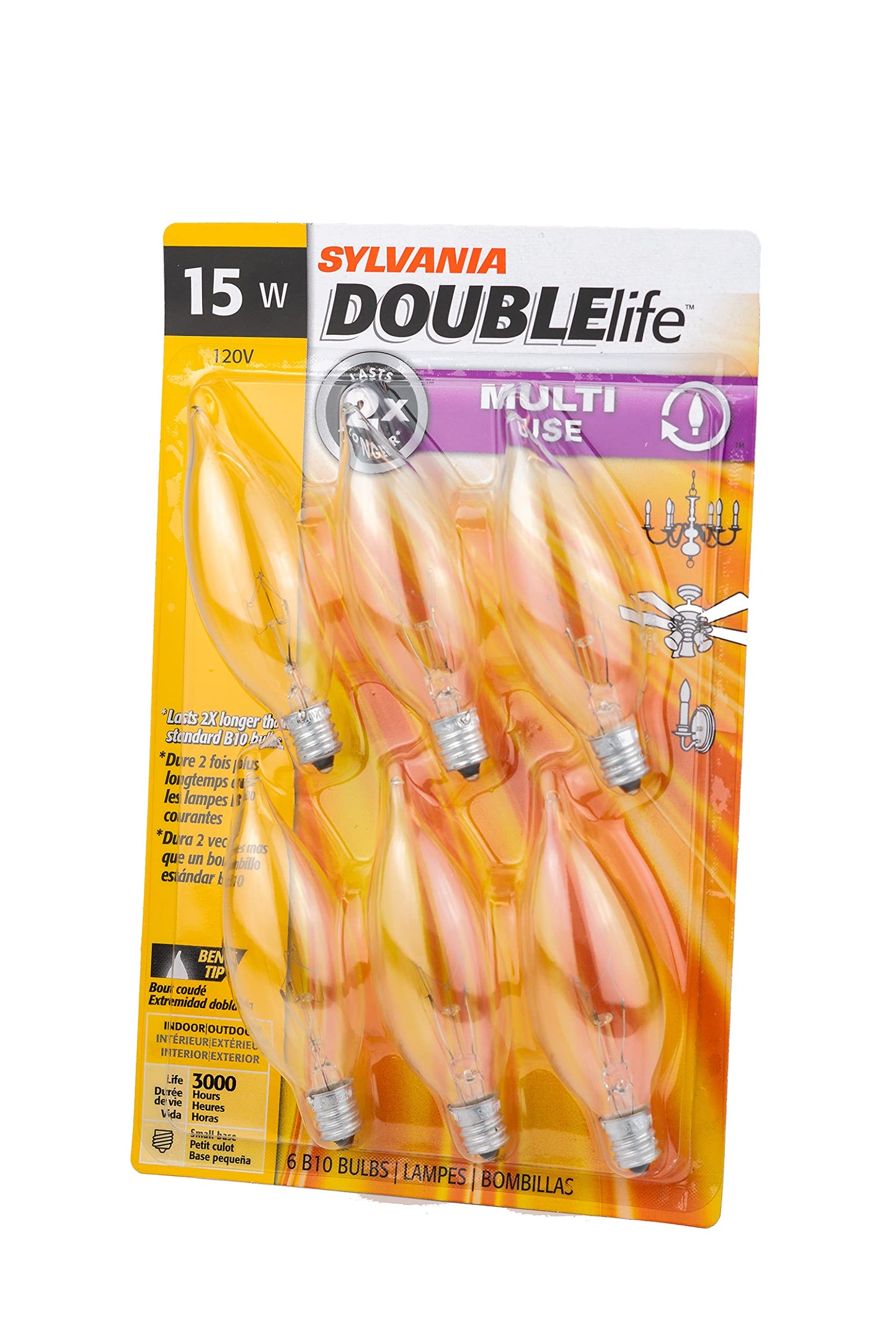 Sylvania Double Life Incandescent Light Bulb, B10, 15W, Candelabra Base, 65 Lumens, 3000K, Clear, Soft White - 6 Pack (15318)