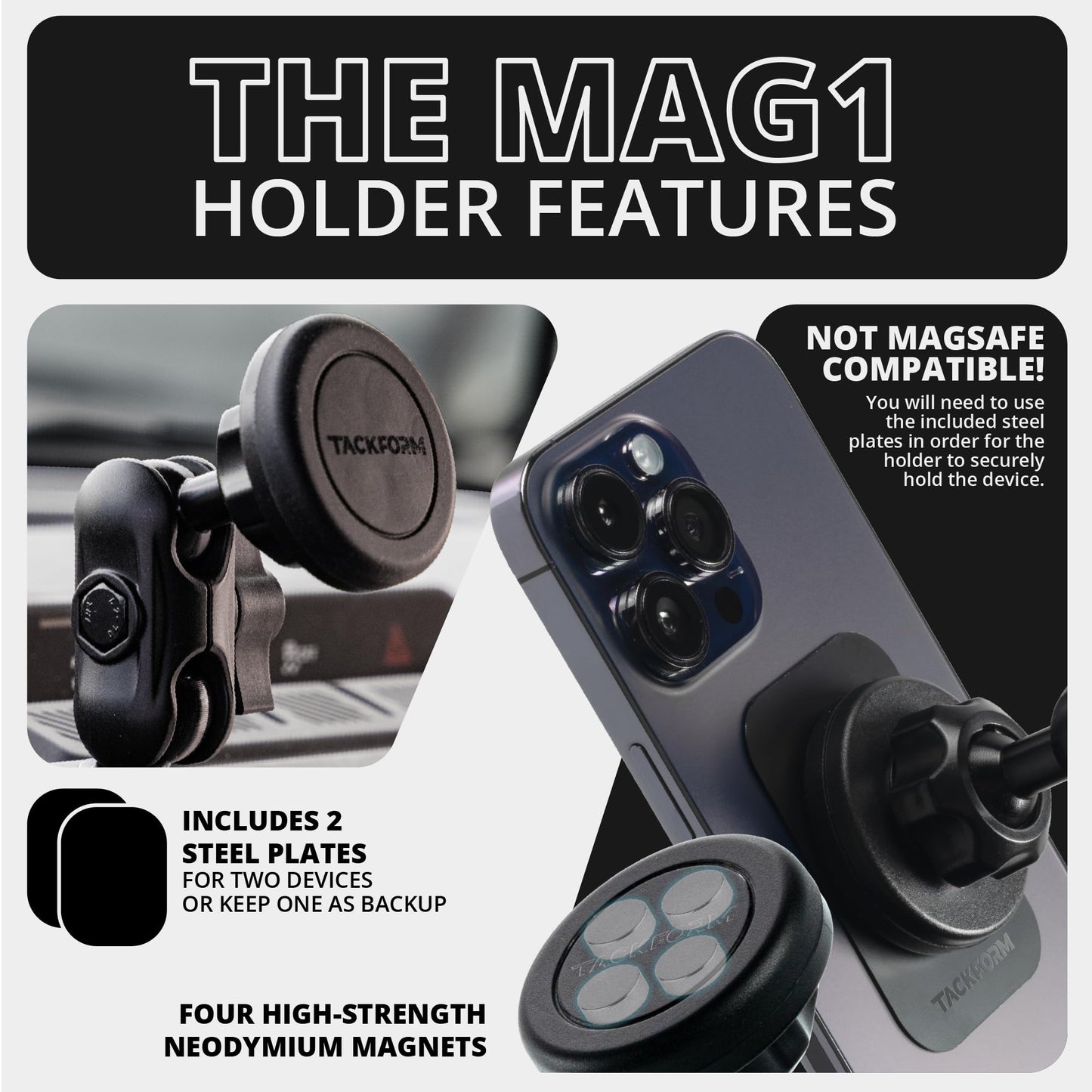 Tackform Link Phone Mount with Top Dash Clip - Compatible with 2021-2025 Ford Bronco | Aluminum | Zero Slip, Anti-Scratch | Universal Magnetic Phone